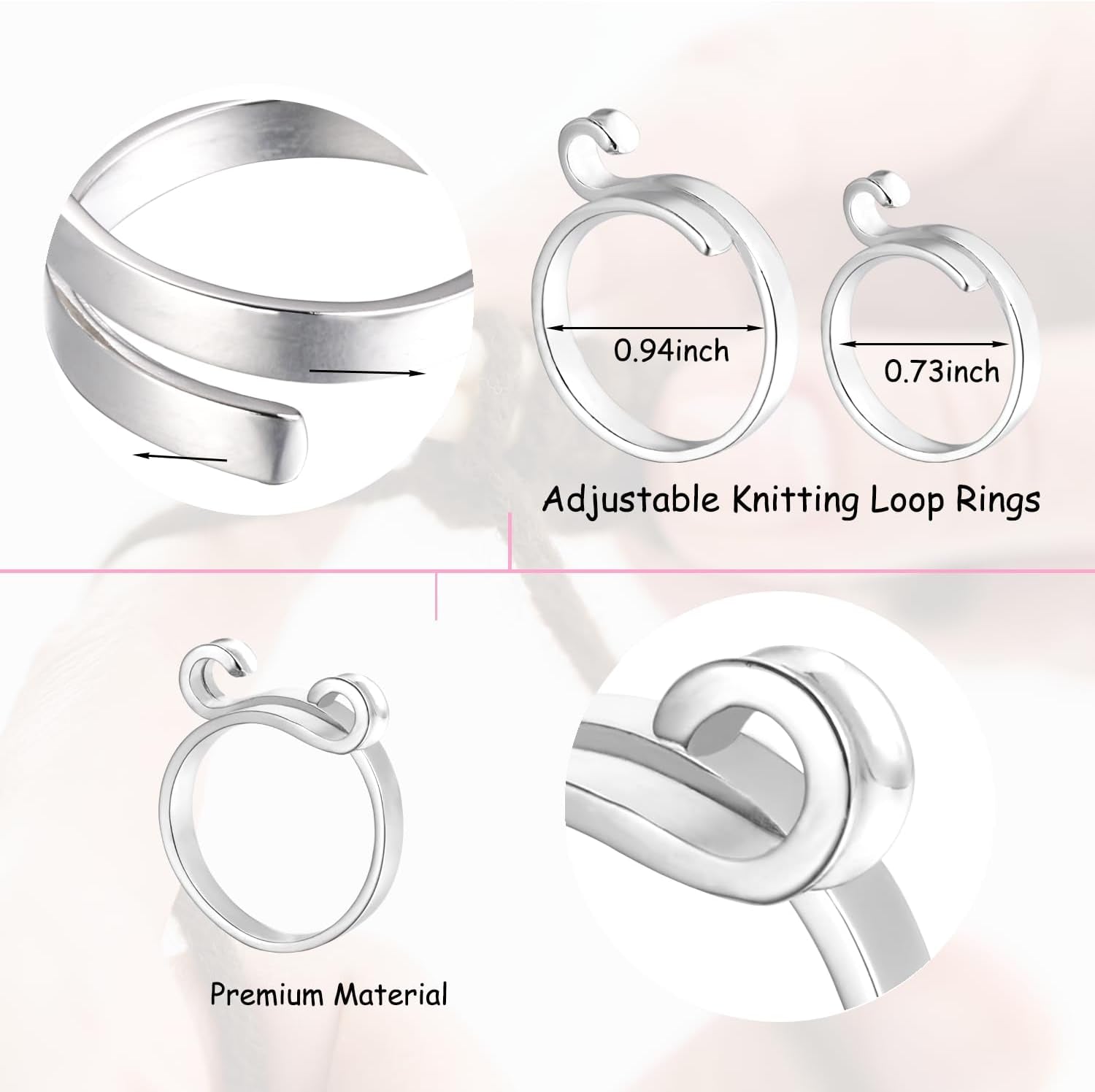 Adjustable Crochet Ring for Finger,Braided Knitting Ring with Plastic Box Yarn Tension Rings for Crocheting Knitting Accessories 2 Styles Silver