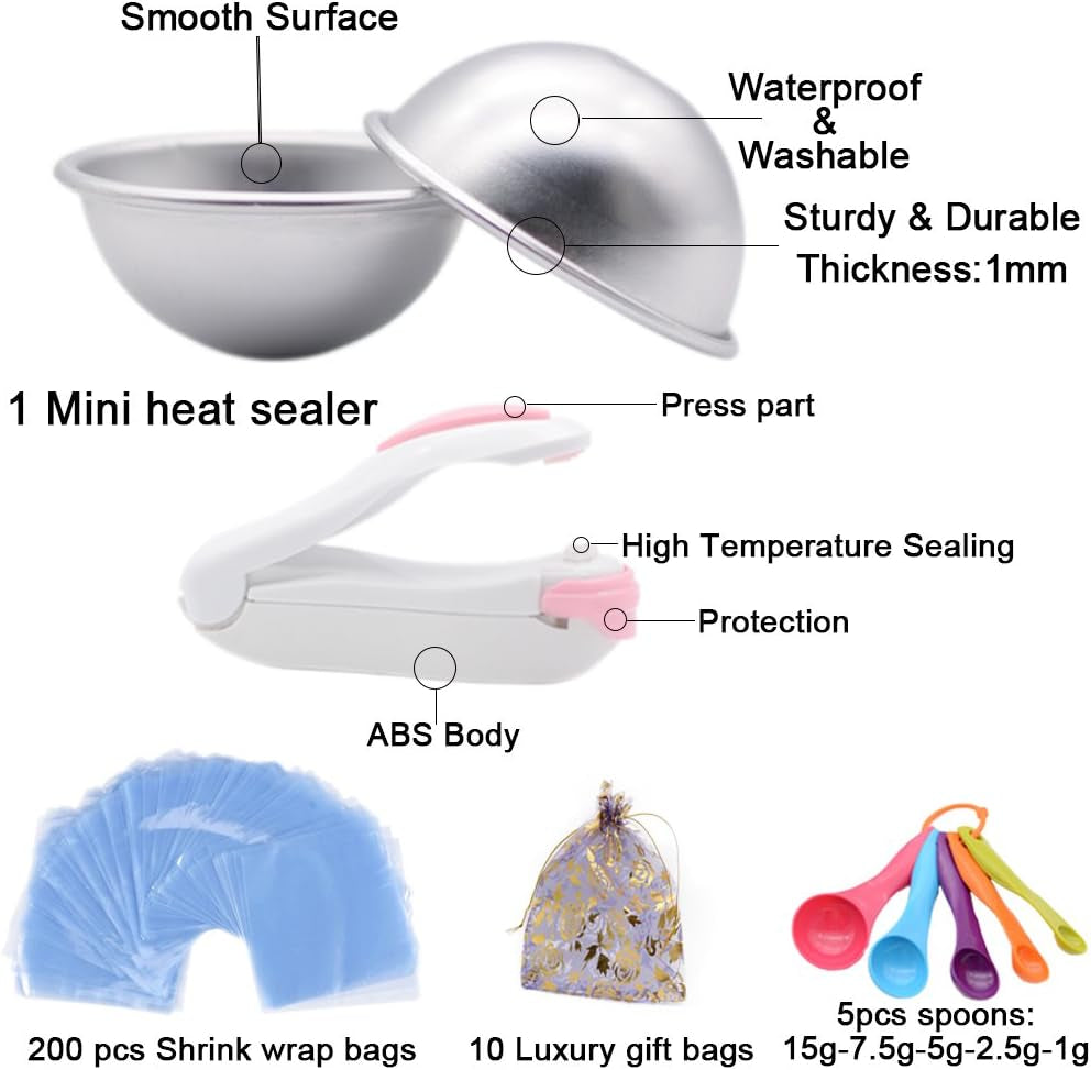 Bath Bomb Mold Set 228 Pieces - 200 Packs Shrink Wrap Bags,12 Pieces of DIY Metal Mould,Spoons,Gift Bags,Mini Heat Sealer (Instruction Included)
