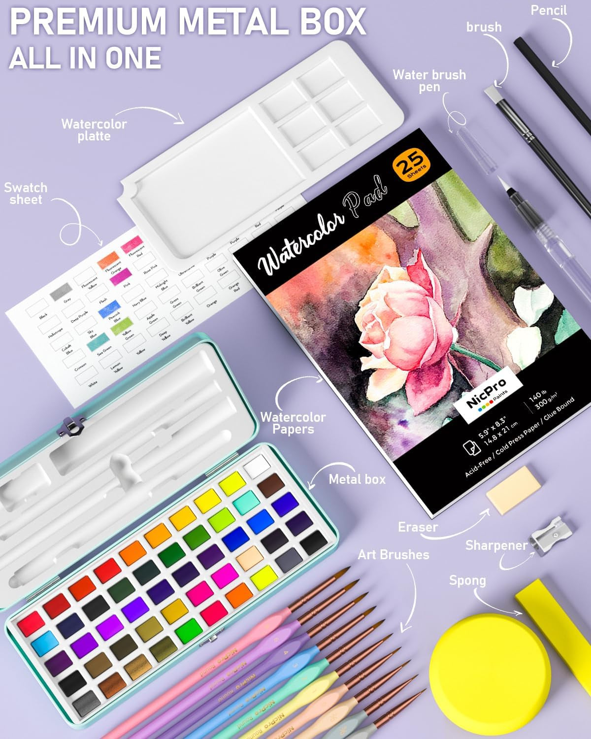 50 Colors Watercolor Paint Set, Including Metallic & Fluorescent Color, 8PCS Pastel Detail Painting Brush, Water Color Paper, Palette, Art Supplies Kit for Artist Adult Beginner with Gift Box