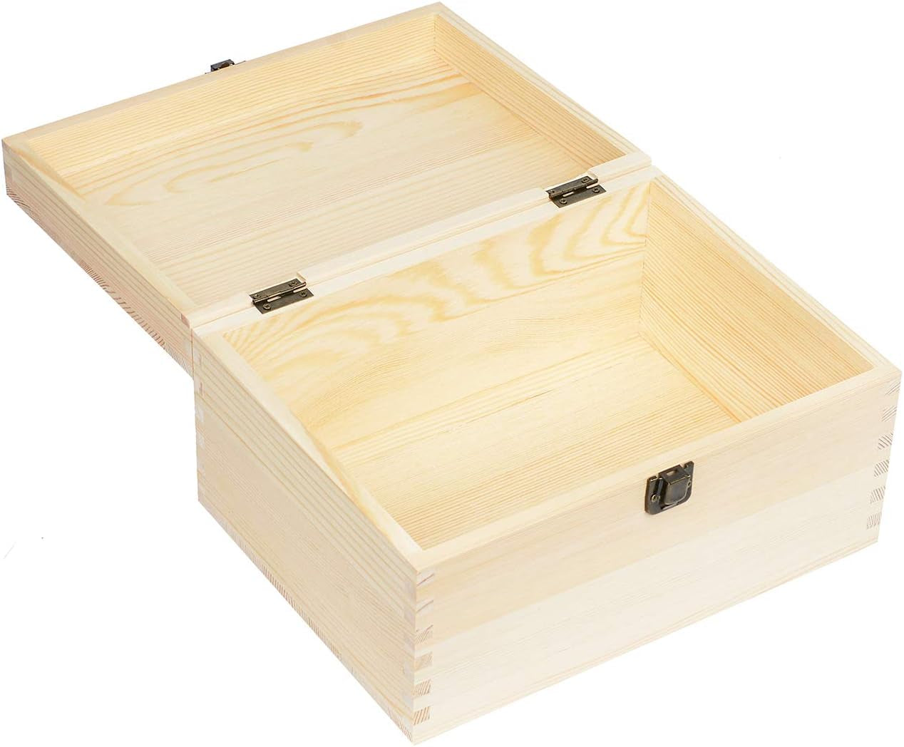 Extra Large Rectangle Unfinished Pine Wood Box Natural DIY Craft with Hinged Lid and Front Clasp for Arts Hobbies and Home Storage-13.8X9.9X6.7 Inches