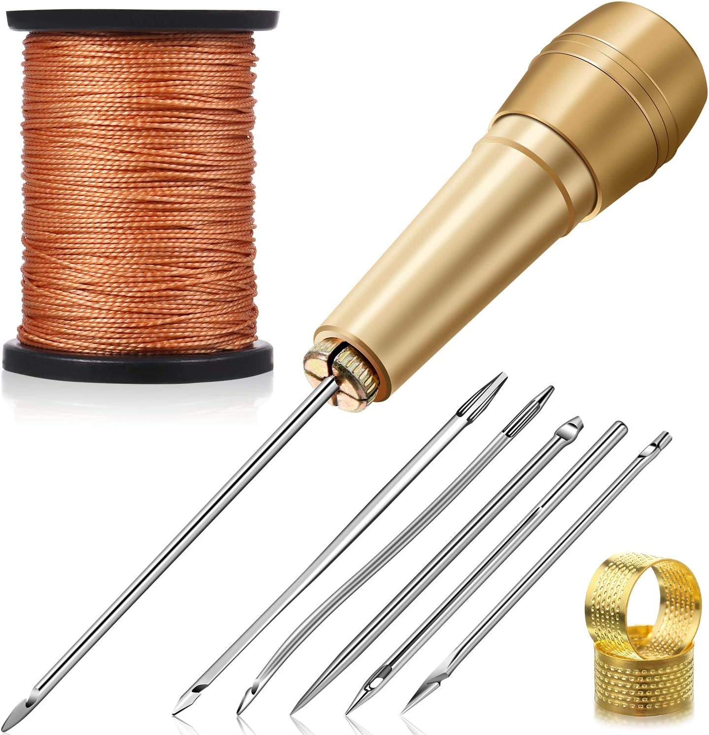 6 Pieces Canvas Leather Sewing Awl Needle with Copper Handle, 50 M Nylon Cord Thread and 2 Pieces Thimble for Handmade Leather Sewing Tools Shoe and Leather Repair