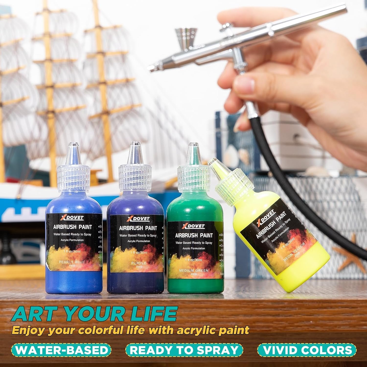 24 Colors Airbrush Paint Set (30 Ml/1 Oz) with Thinner & Cleaner, Ready to Spray, Opaque & Neon Colors, Water-Based, Premium Acrylic Airbrush Paint Kit for Beginners, Hobbyist and Artists