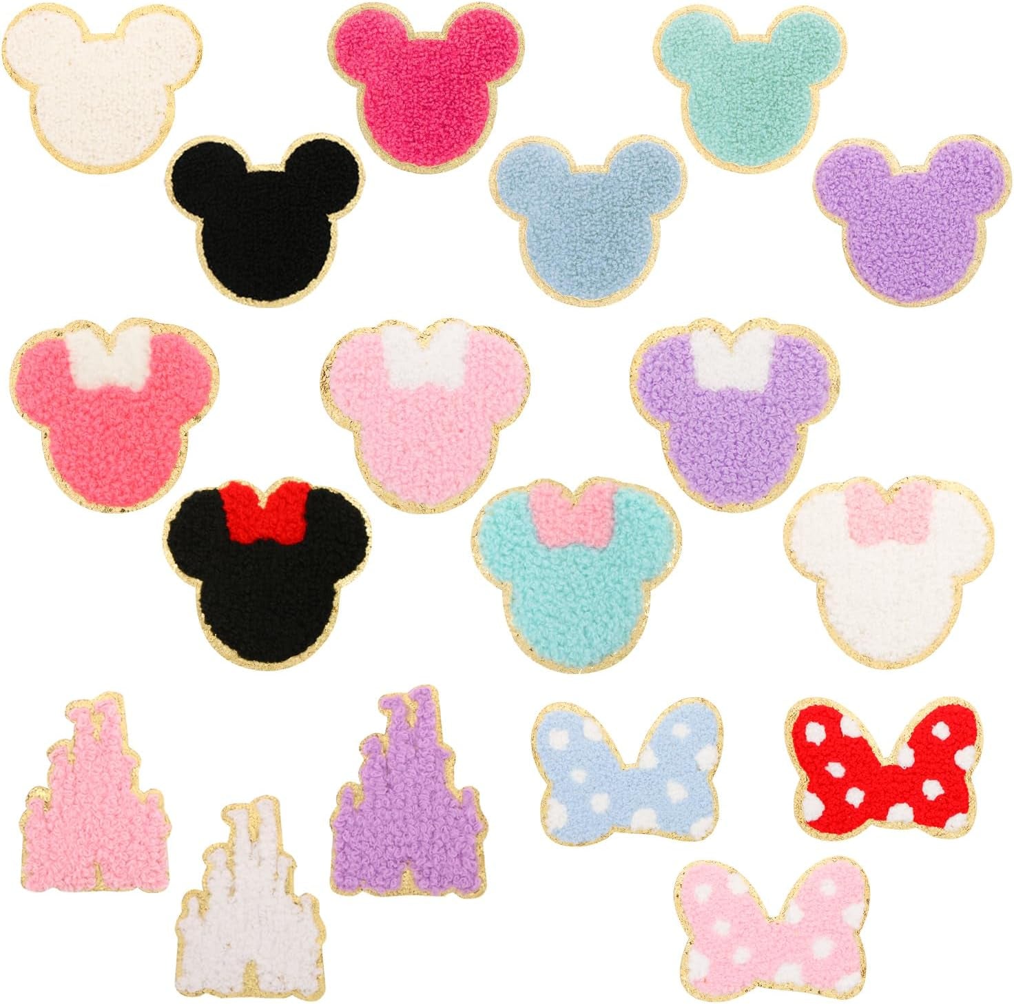 18PCS Colorful Bowknot Mouse Chenille Iron on Patches,  Cute Bow Mouse Head Embroidered Patches Set Sew on Embroidered Applique Patches Gold Trim Iron on Patches for Clothing DIY