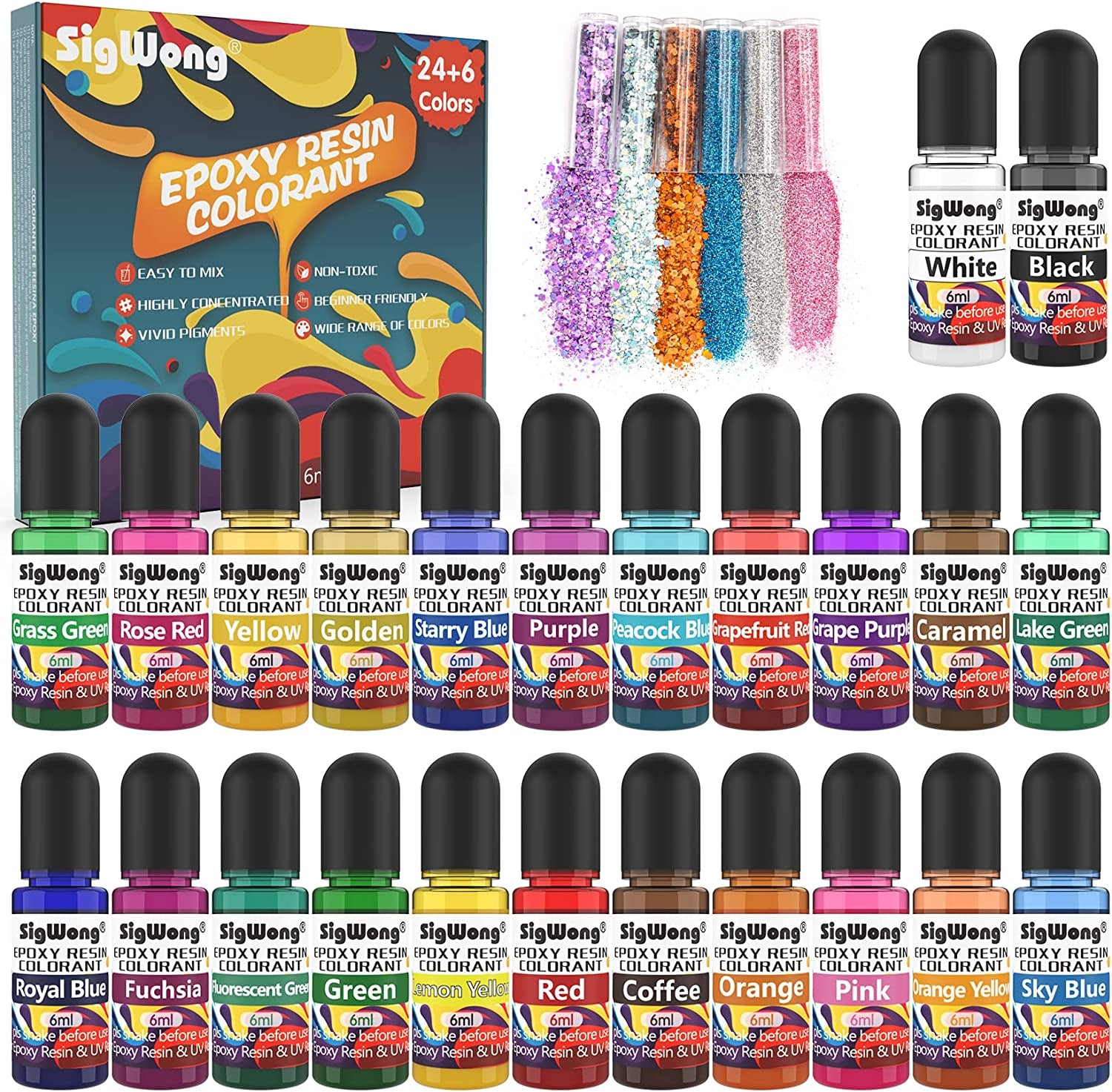 Epoxy Resin Pigment - 24 Colors Liquid Translucent Epoxy Resin Colorant, Highly Concentrated Dye for DIY Jewelry Making, Paint, Craft - 6Ml Each, with 6 Colors Resin Glitter