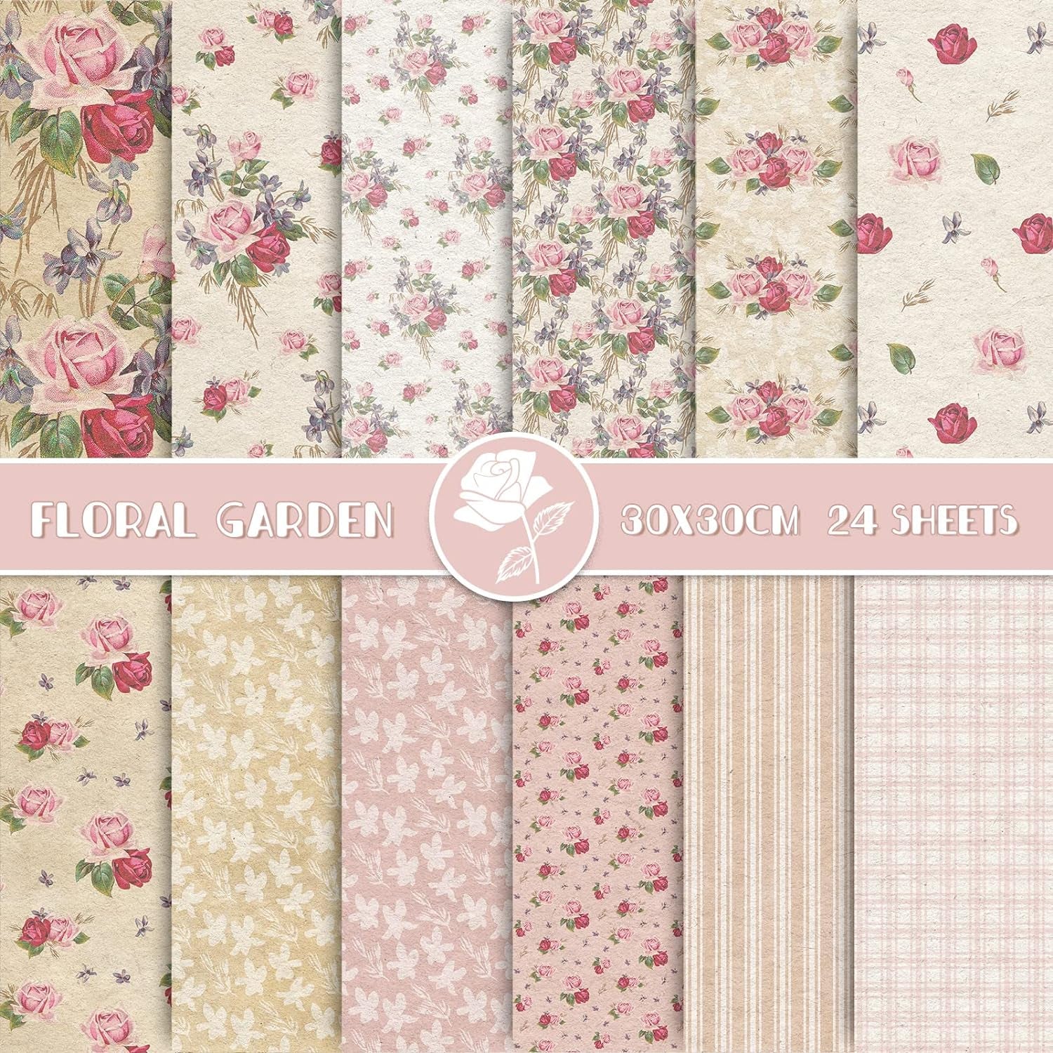 12 Designs Spring Pattern Paper 24 Sheet Rose Floral Scrapbook Paper Pink Double-Sided Collection Decorative Craft Paper Folded Flat for Card Making Scrapbook Photo Album Decor, 30 X 30Cm