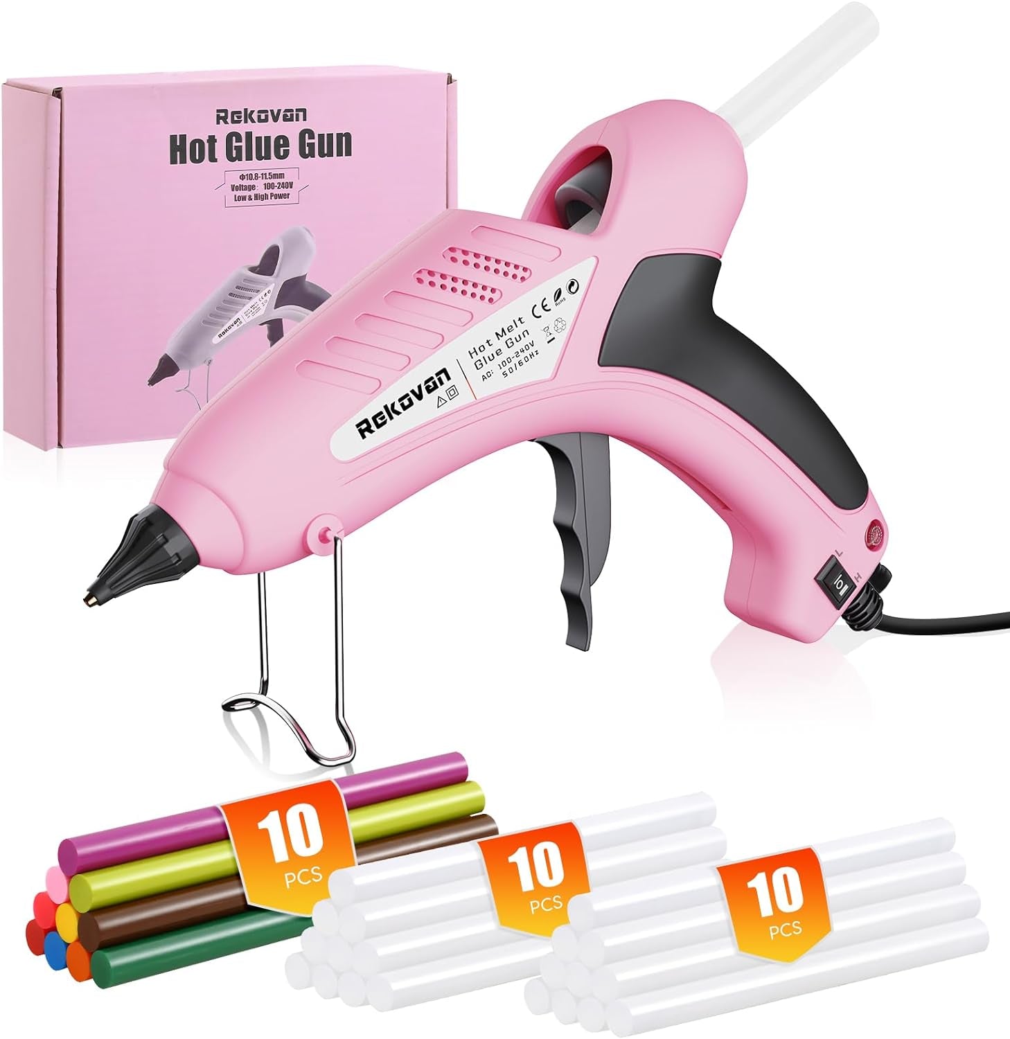 Hot Glue Gun,  Pink Glue Gun Kit Full Size, 80/200W Dual Power, ON/OFF, with 20 Transparent&amp;10 Colored Glue Sticks(7/16&quot;), Fast Preheating Heavy Duty Glue Gun for Crafts, DIY, Arts, Home Repair