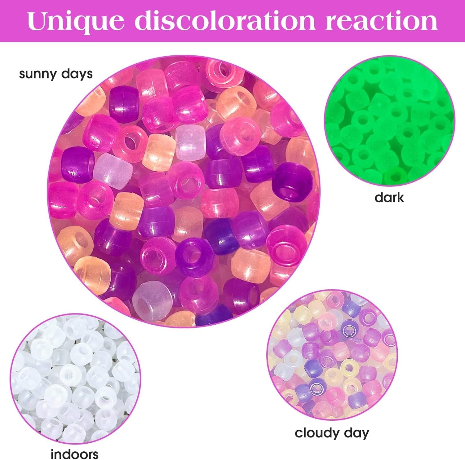 1500 Pcs UV Beads, Glow in the Dark Beads Color Changing Sun Sensitive UV Reactive Pony Beads, Plastic Solar Beads with Crystal Elastic String & 2 Elastic Cords