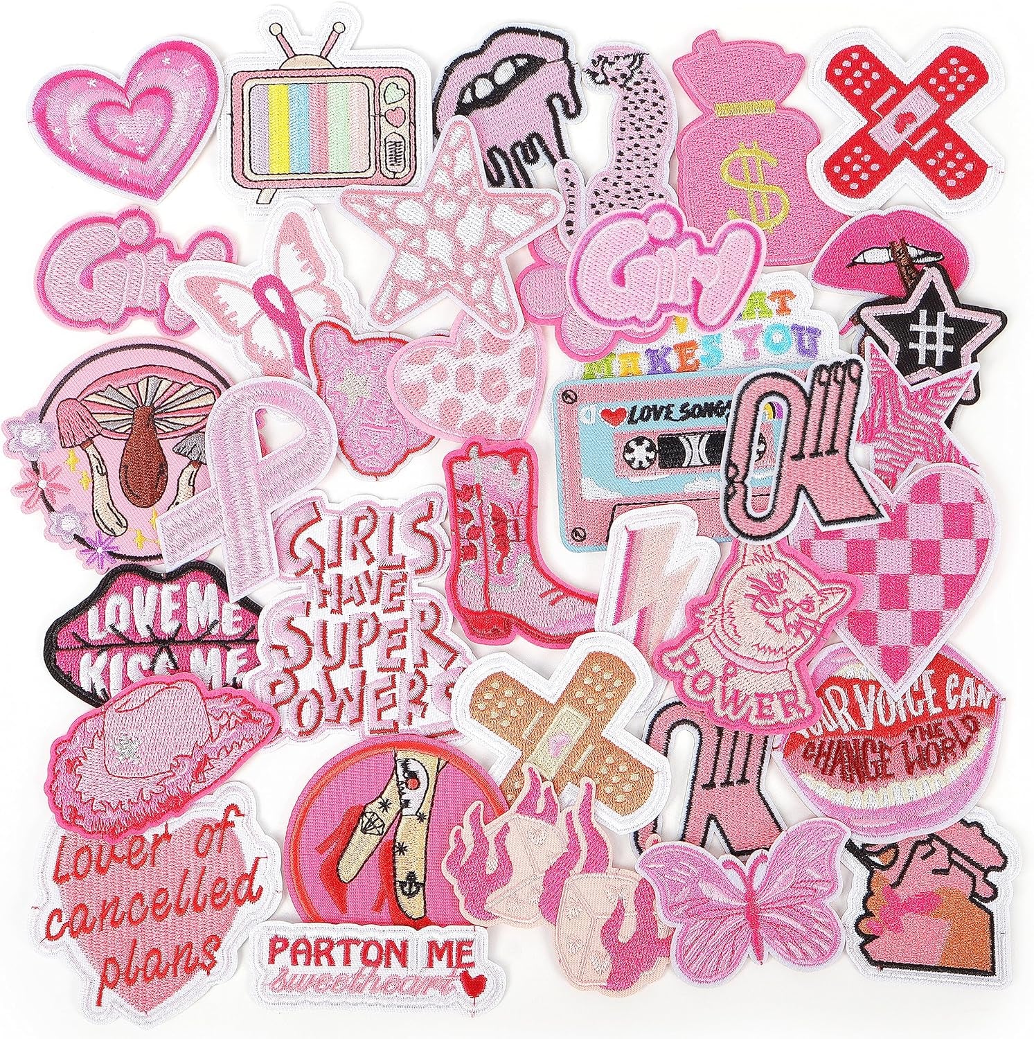 Embroidered Preppy Iron on Patches: 35PCS Pink Embroidery Sew on Applique Patch for Clothing