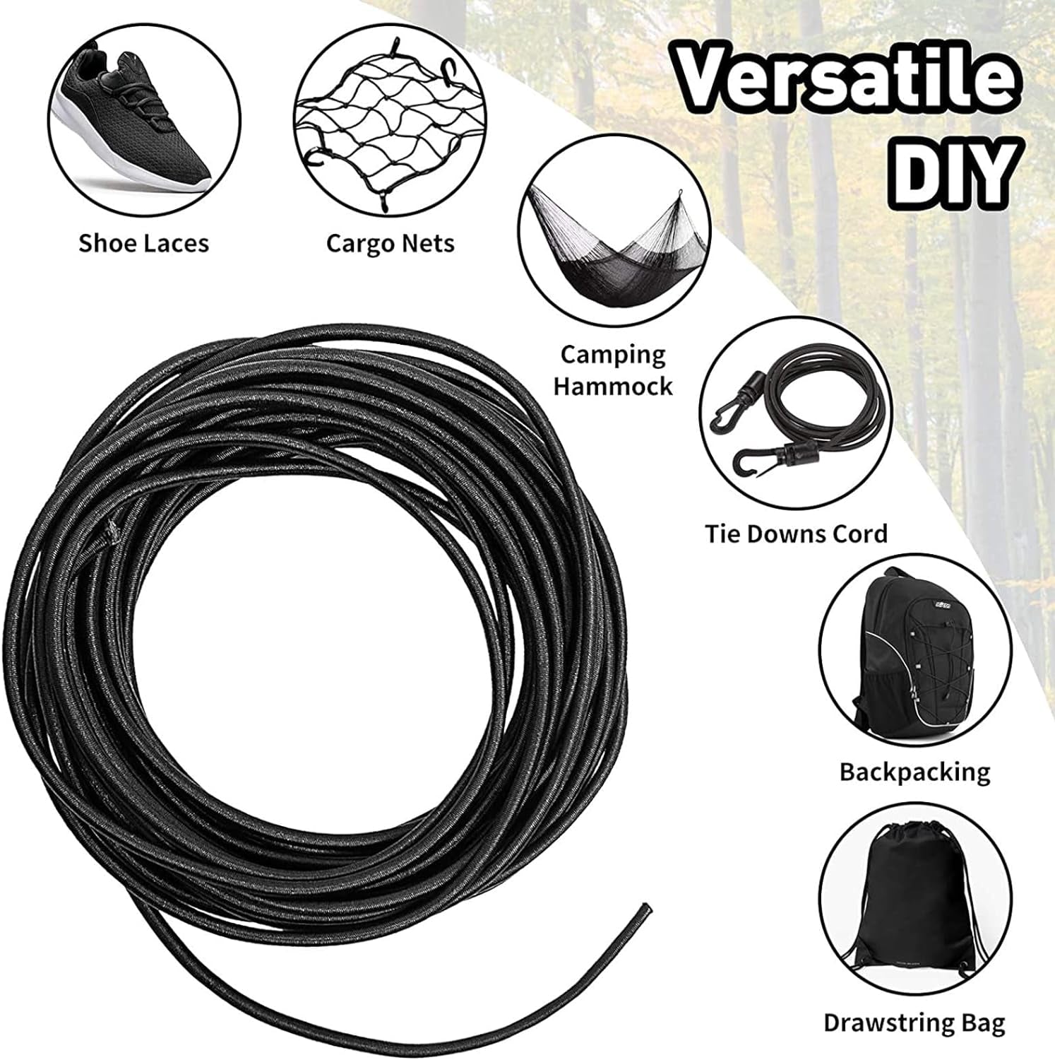 Versatile 1/8-Inch (3Mm) Elastic Cord - 10 Yards with 10 Pack Plastic Spring Cord Locks - Stretch Cord, Elastic Rope, and Drawstring Cord for Sewing, Crafting, and DIY Projects (Black)