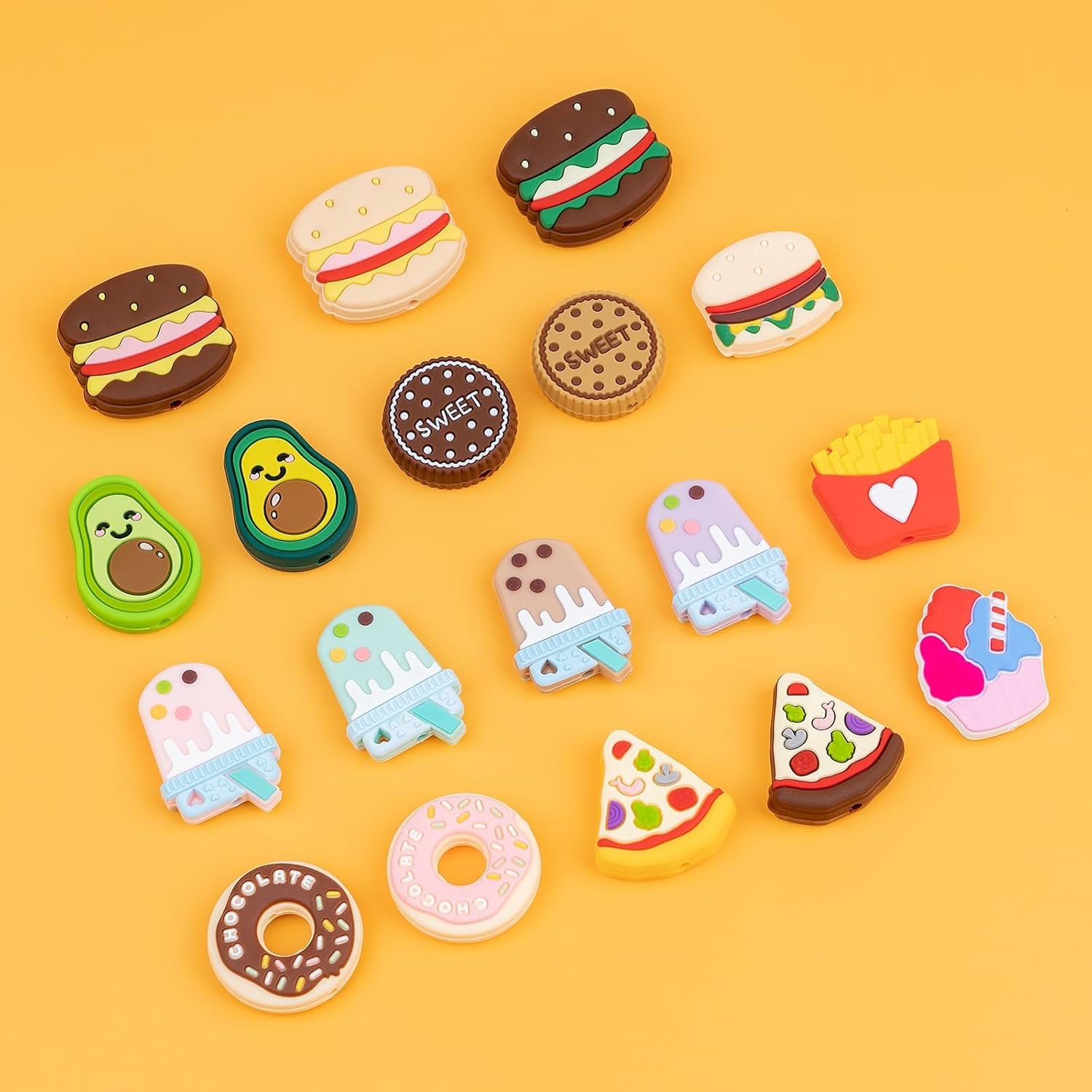 Silicone Focal Beads for Pens Characters Silicone Accessory Kit 18 Pcs Colorful round Silicone Beads for Keychain Making Bracelet Necklace Handmade Crafts (Food)