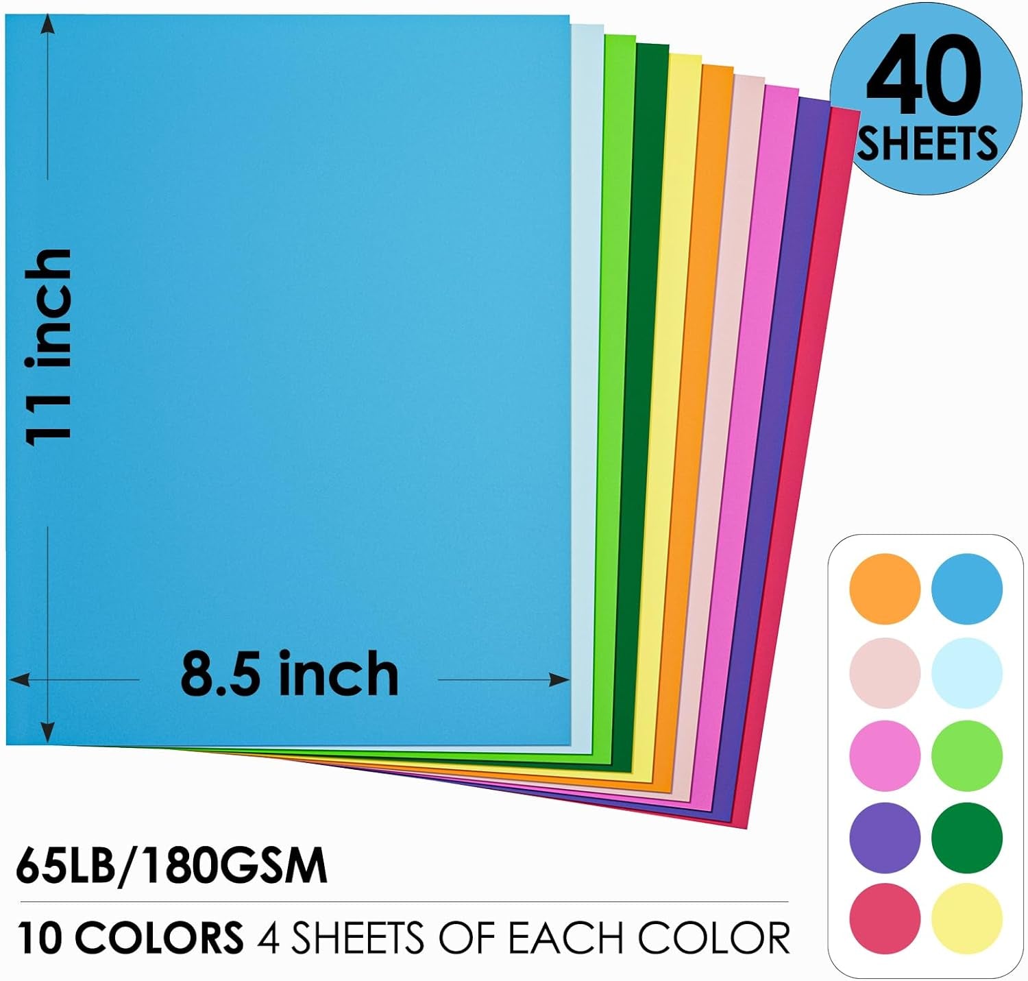 40 Sheets Colored Cardstock, 10 Assorted Colors 8.5 X 11 Cardstock Paper, Cardstock 180Gsm/65 Lb Card Stock Colored Paper, Card Stock Paper for Card Making, Crafting, Scrapbooking, Decors