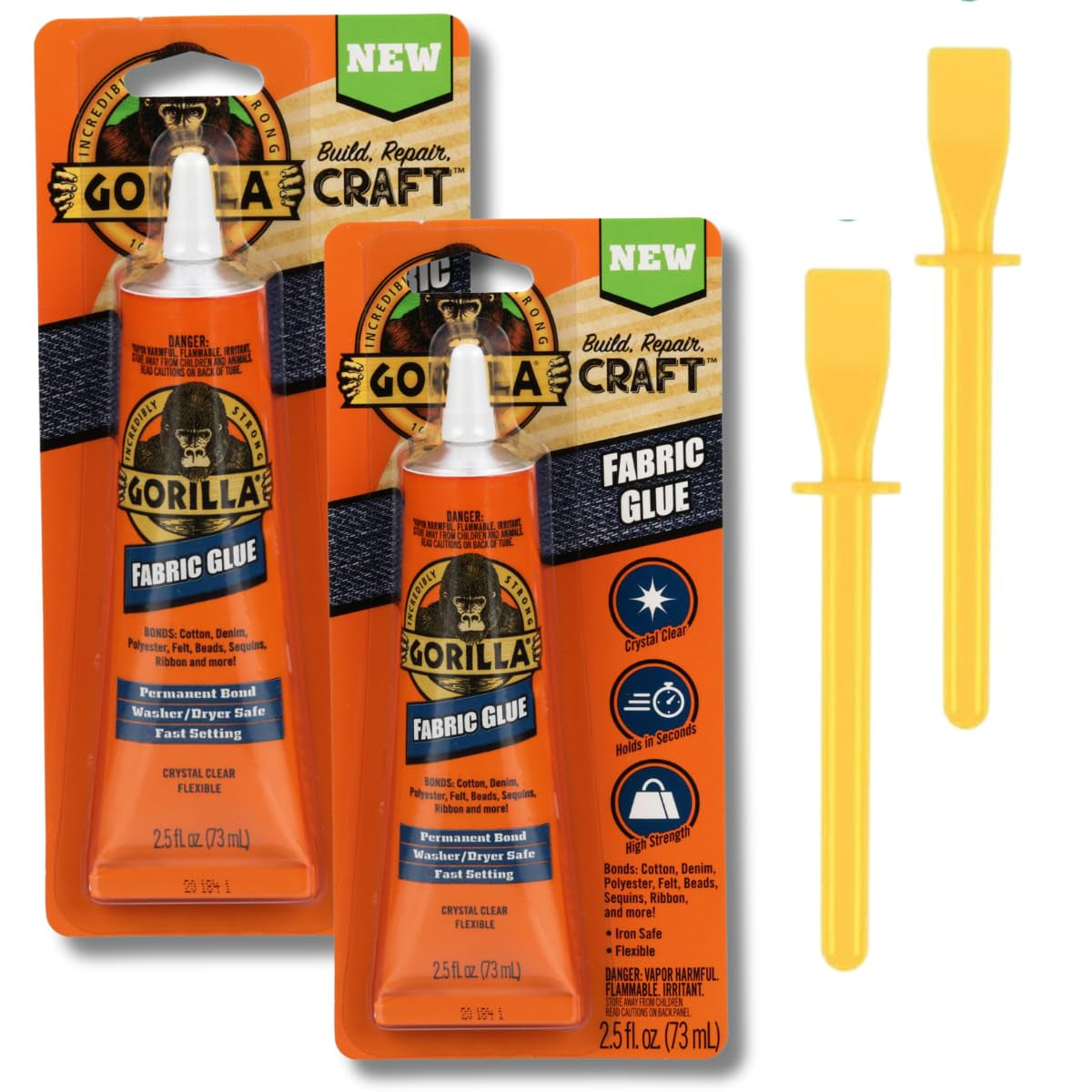 Gorilla Fabric Glue 2.5OZ - 2 Packs with Glue Spreaders | Fabric Fusion, Clothing, and Upholstery Glue | Permanent Clear Liquid Stitch Fabric Glue for Patches on Clothing