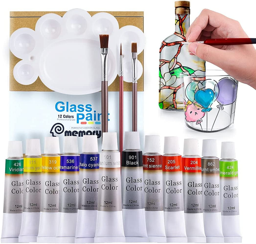 Stain Glass Paint Kit with 12 Colors, 3 Nylon Brushes, 1 Palette, Permanent Acrylic Enamel Painting Set to Create Translucent Arts on Transparent Wine Glasses, Enamel, Window and Glass