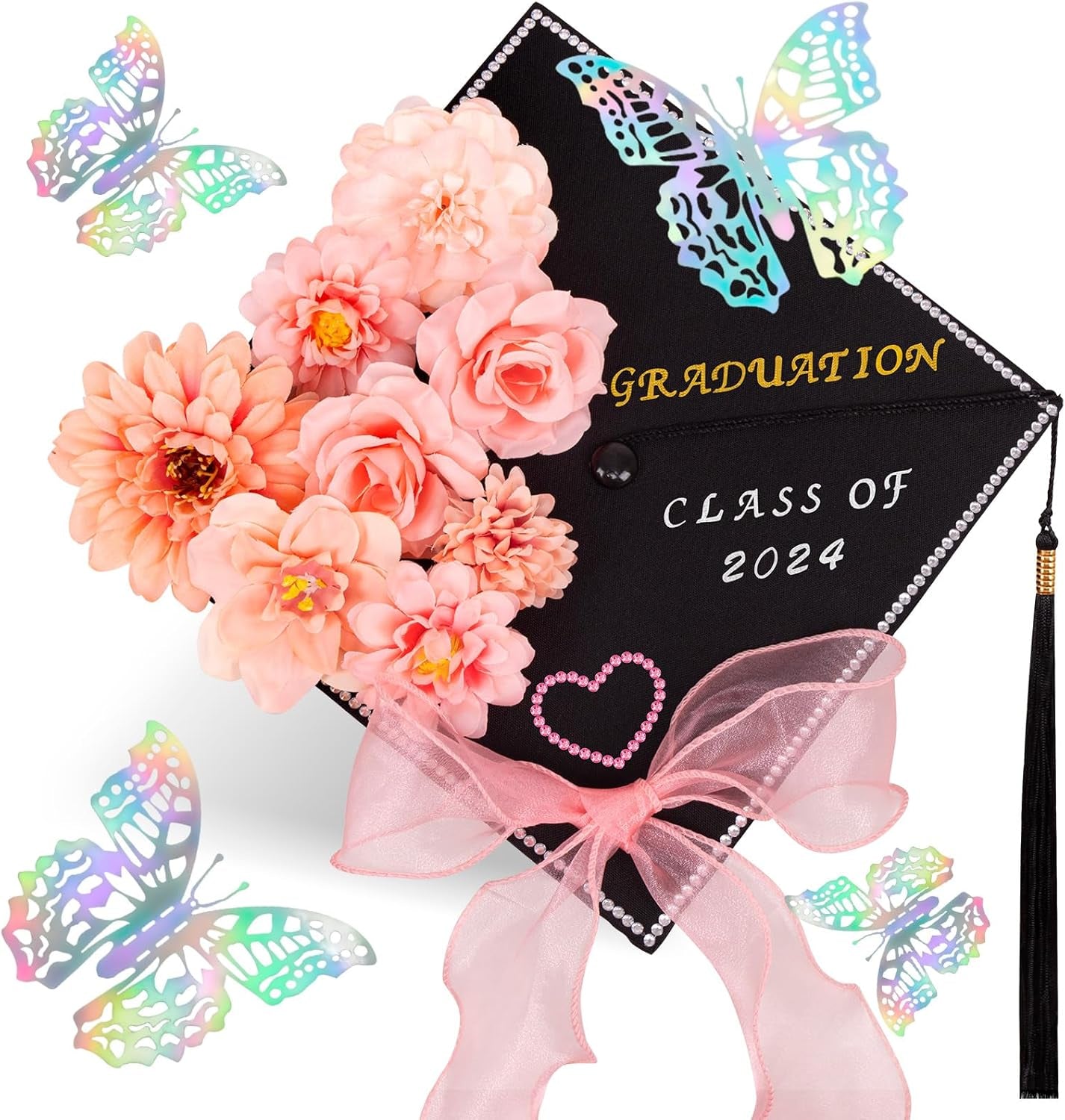 Graduation Cap Decorations: DIY Grad Hat Topper Kit, Include Flower Glitter Stickers Letters Butterflies - Handmade Decoration(No Glue&Cap)