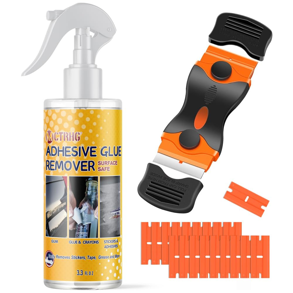 Adhesive Remover for Cars, 3.3 Fl.Oz Car Sticker Remover Spray with Scraper &amp; Extra Plastic Razor Blades, Sticker Remover for Cars, Windows, Rapidly Removes Labels, Sticker, Glue