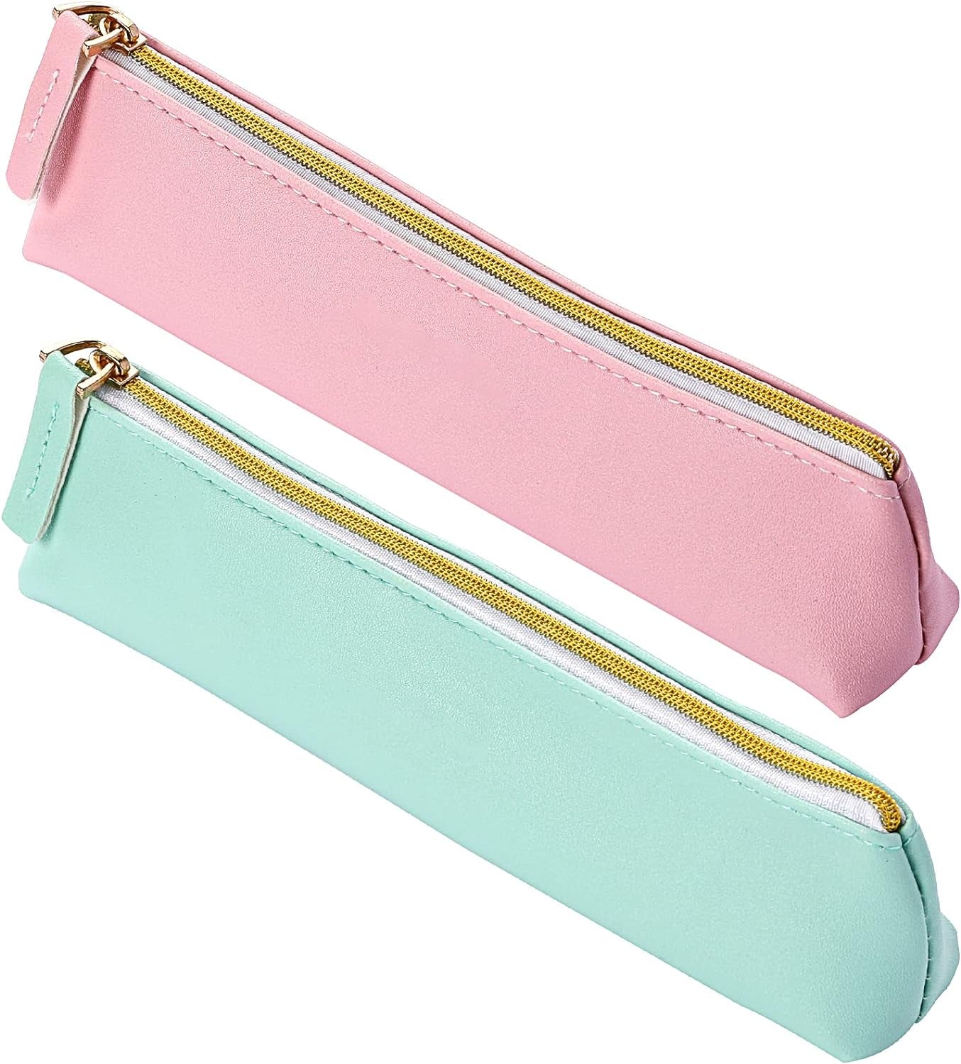 2 Pcs Leather Pencil Pouch, Slim Design Small Pencil Pouch Pencil Bag Zipper Pencil Case Bag Stationery Pouch Bag for Pens, Pencils, Markers(Black&Beige)