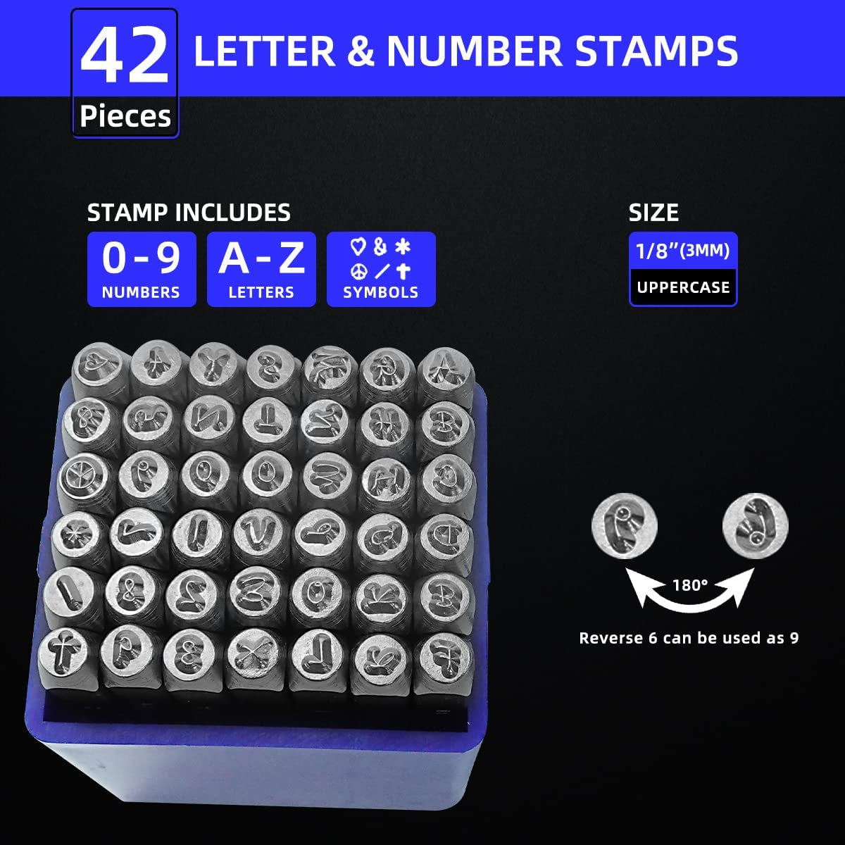 42PCS Metal Stamping Kit, Number and Letter Stamp Set (A-Z, 0-9 And&amp;,Love Symbol), Industrial Grade Hardened Carbon Steel, Perfect for Imprinting Metal, Wood,Leather (1/8", 3MM)