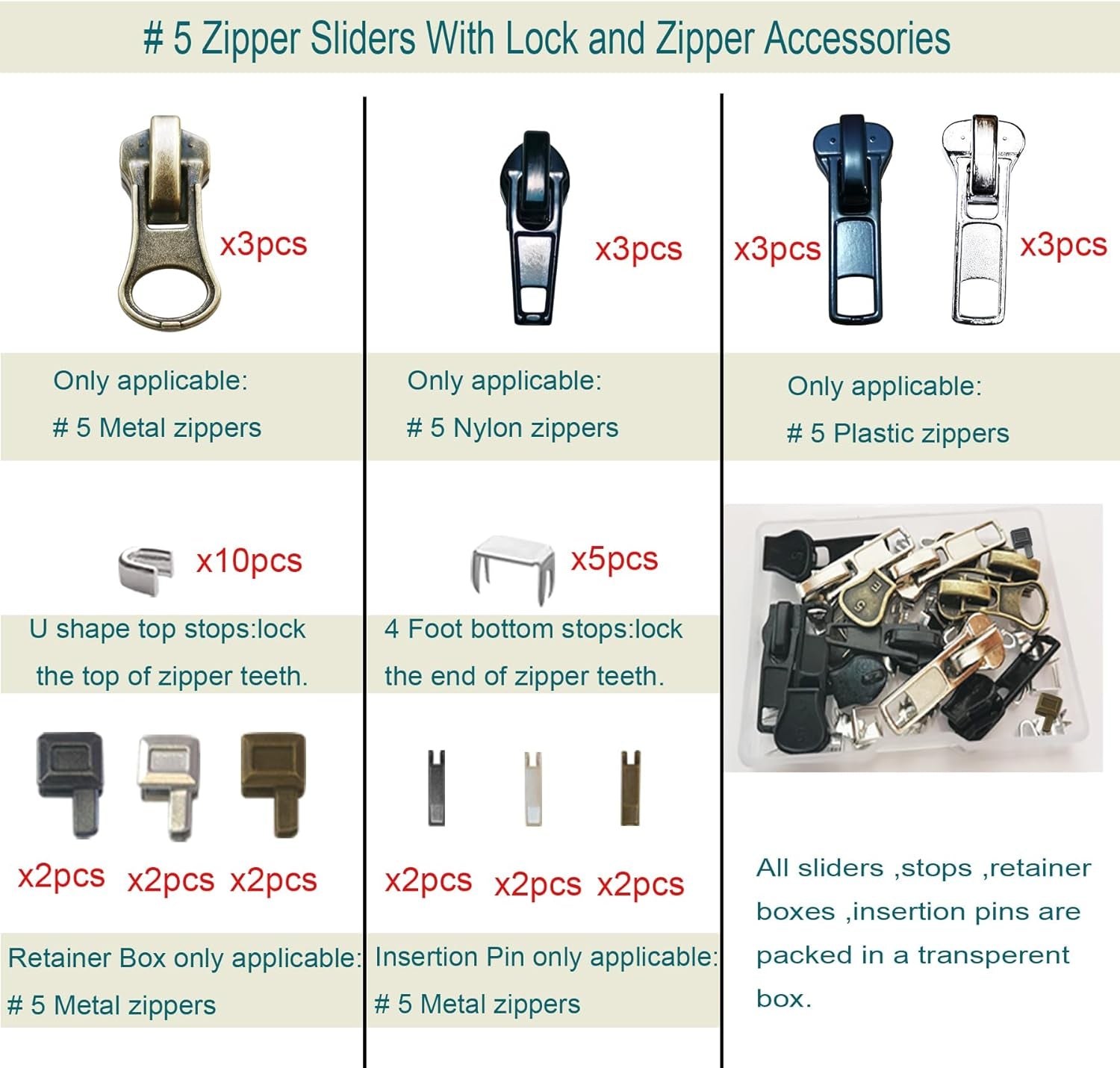 Zipper Repair Kit #5 Sliders with Pull 12 Pcs,#5 Metal Zipper Retainer Box Insertion Pin 6 Sets,Replacement Zipper Bottom/Top Stop, Metal,Plastic,Nylon Coil Zippers Head Fix on Jaceket