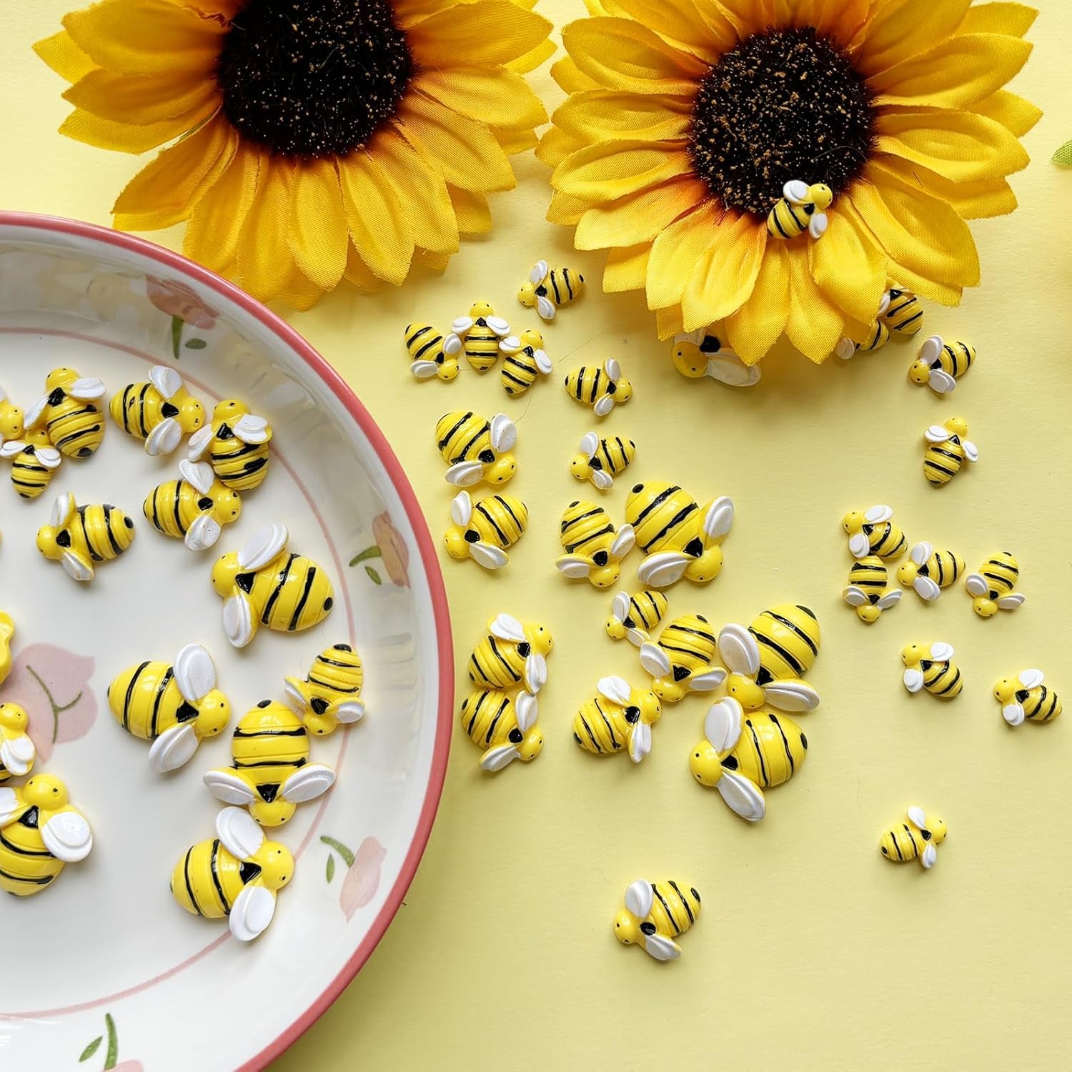 Tiny Resin Bees for Crafts, 50 Pcs Plastic Bumble Bee Decor for DIY Wreath Embellishments and Bee Themed Party Supplies Baby Shower Birthday Table Decoration