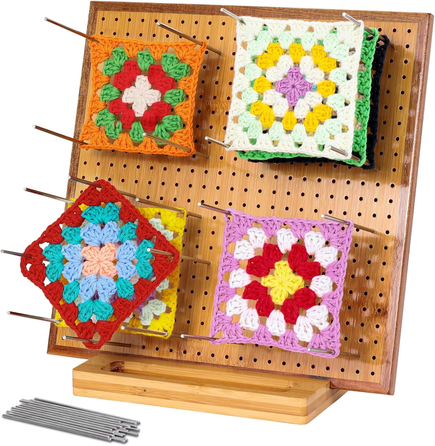 7.8" Crochet Blocking Board with 20 Pins/Pegs, Blocking Board for Crocheting Knitting, Bamboo Granny Square Blocking Boards for Crochet Projects, Wooden Crocheting Accessories Gifts for Crocheters