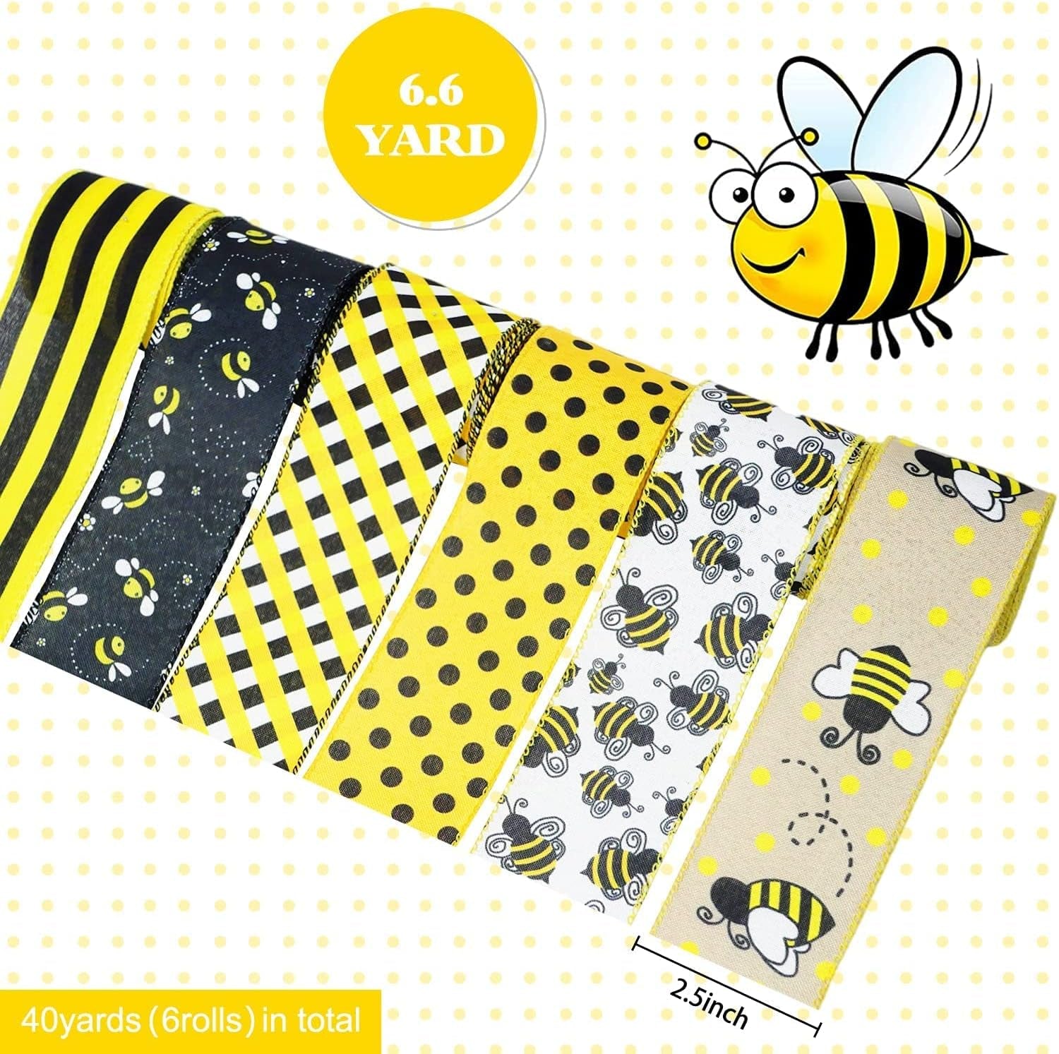 6 Rolls 40 Yards Bee Ribbon Wired Edge Ribbon Honeybee Ribbon for Crafts Wrapping Easter Party Decorations Bee Themed Decorations Bee Baby Birthday Party Supplies