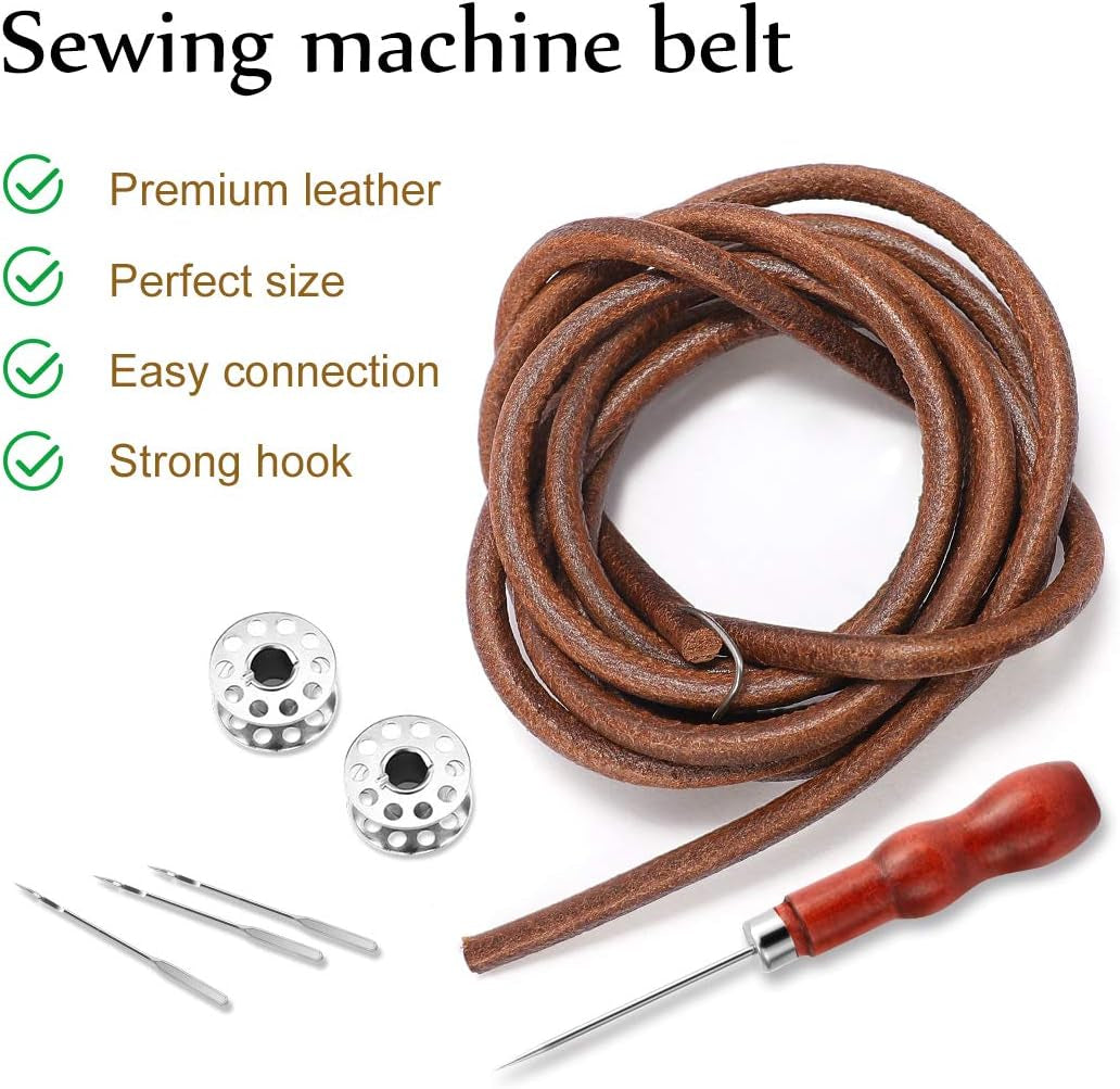 Sewing Machine Belt, 71" 3/16" Sewing Machine Leather Belts Sewing Machine Treadle Belts with Hook for Singer/Jones Sewing Machine (2 Pcs with Accessories)