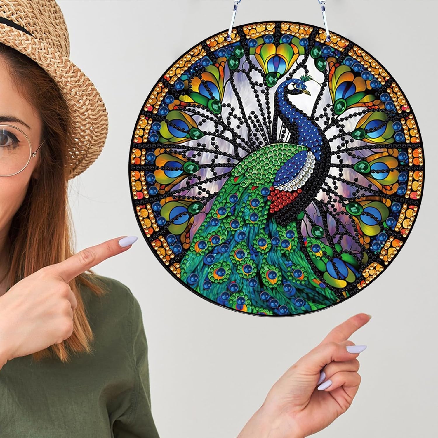 5D Peacock Diamond Painting Kits Hanging Pendants Wall Art Colored Imitation Glass Art Point Drill Crystal Diamond Art Window Pendants Home Garden Wall Door Birthday Festival Gifts