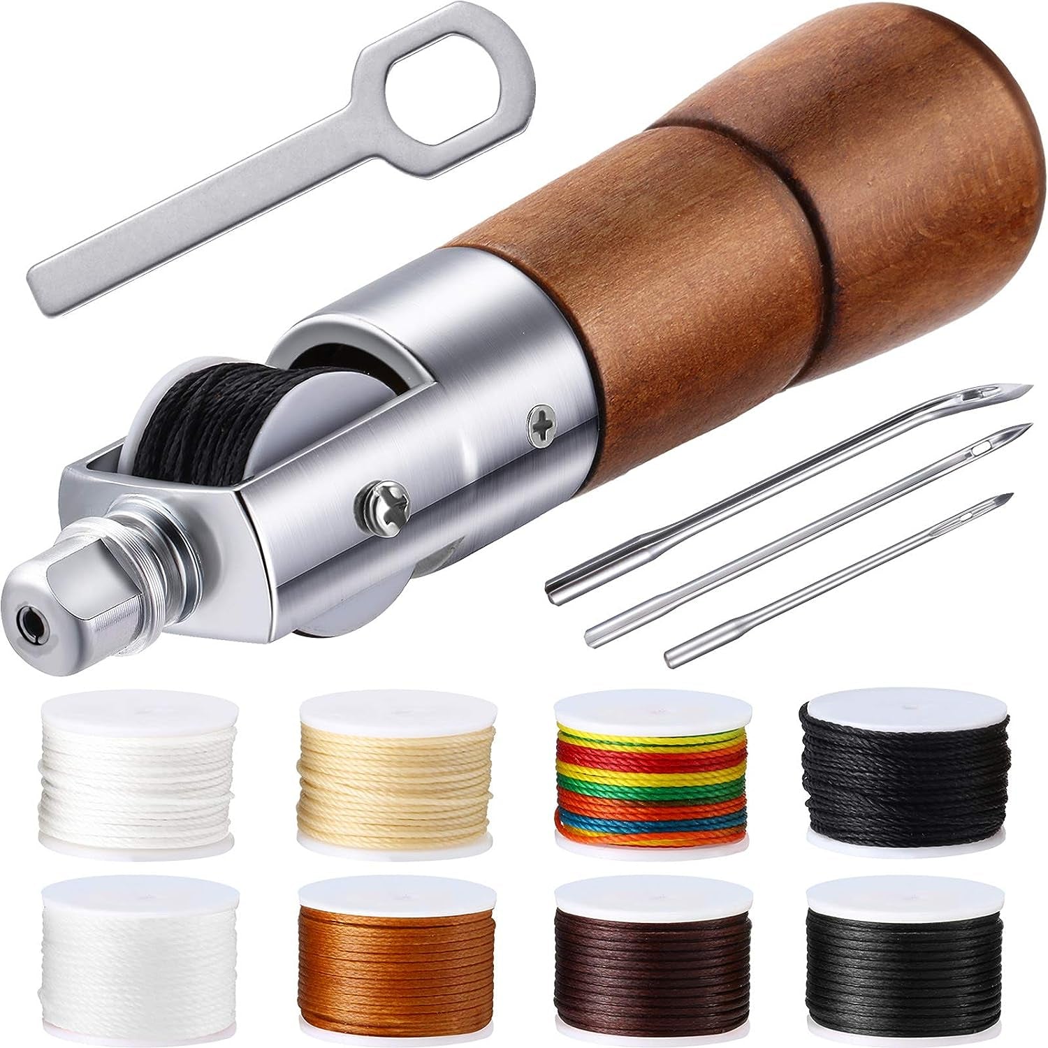 12 Pieces Leather Sewing Awl Hand Stitcher with Craft Accessories Set, Hand Awl Tool, 3 Sizes Needles and Replacement Spools of Thread, Stitching Awl Tool Kit (Multicolor)