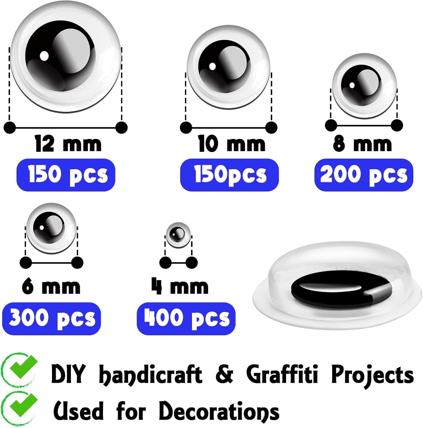 1200Pcs Black Wiggle Googly Eyes, 3D round Plastic Sticker Eyes, Self-Adhesive Eyes DIY Scrapbook Crafts Decoration, Crafts Gifts for Kids Age 4+ (4Mm-12Mm)