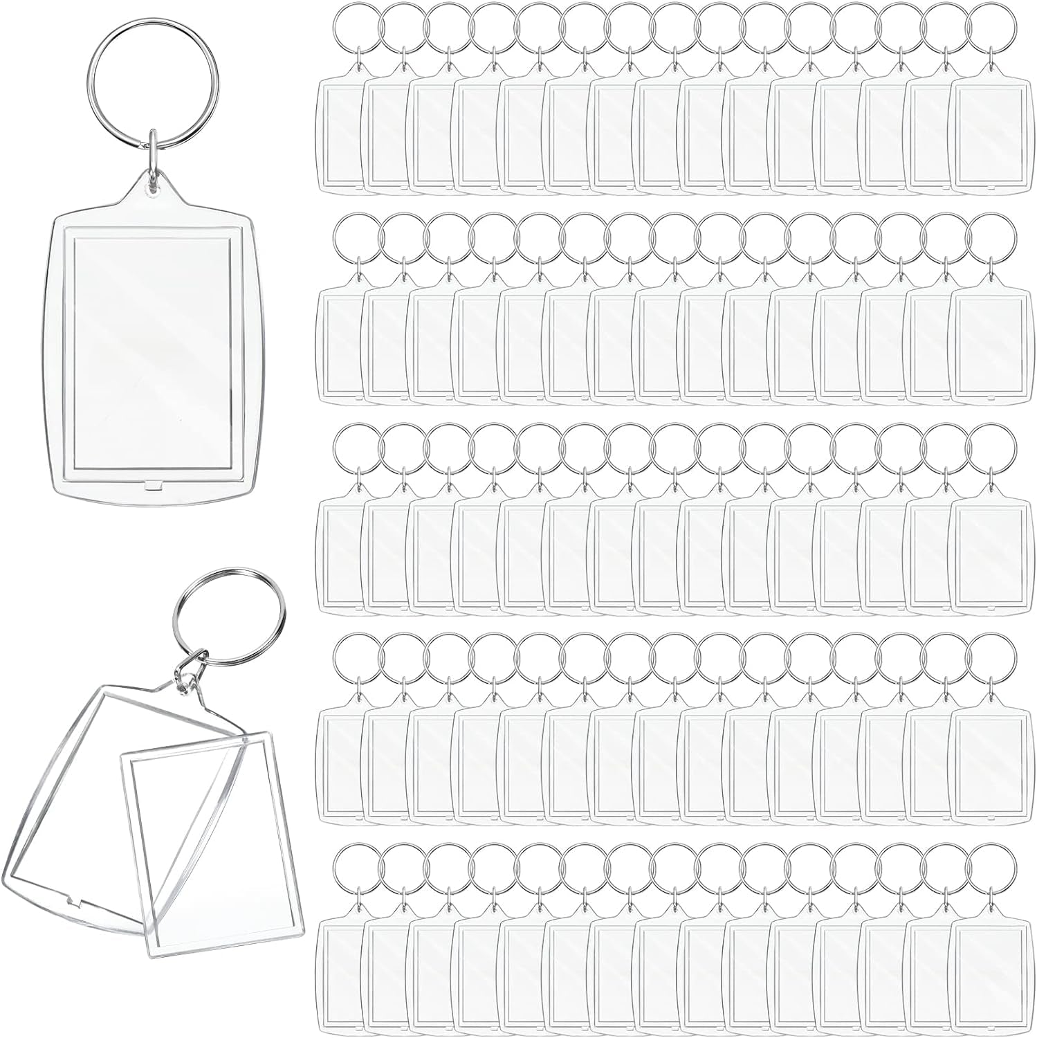 100 Pieces Clear Acrylic Photo Frame Keychain Photo Insert Keyrings Blank Rectangle DIY Keychain Picture Frame Keyring with Split Ring Suit for 1.3 X 1.8 Inches Photos