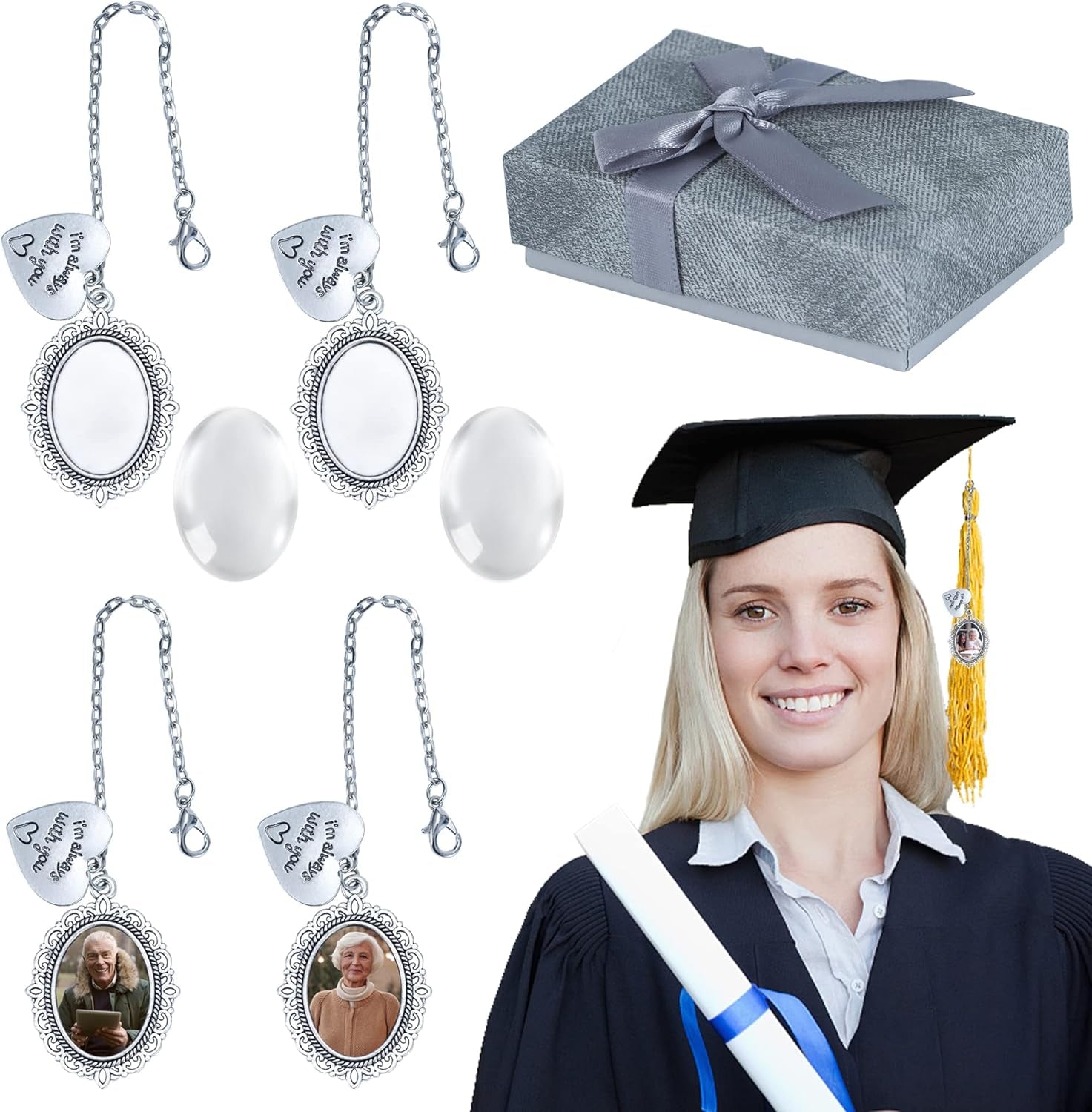 Class of 2024 Graduation Cap Photo Charm Antique Photo Charms I Always with You Memorial Ceremony College Gift DIY Grad Photo Chain with Glass Wear on Cap in Memory for Graduation