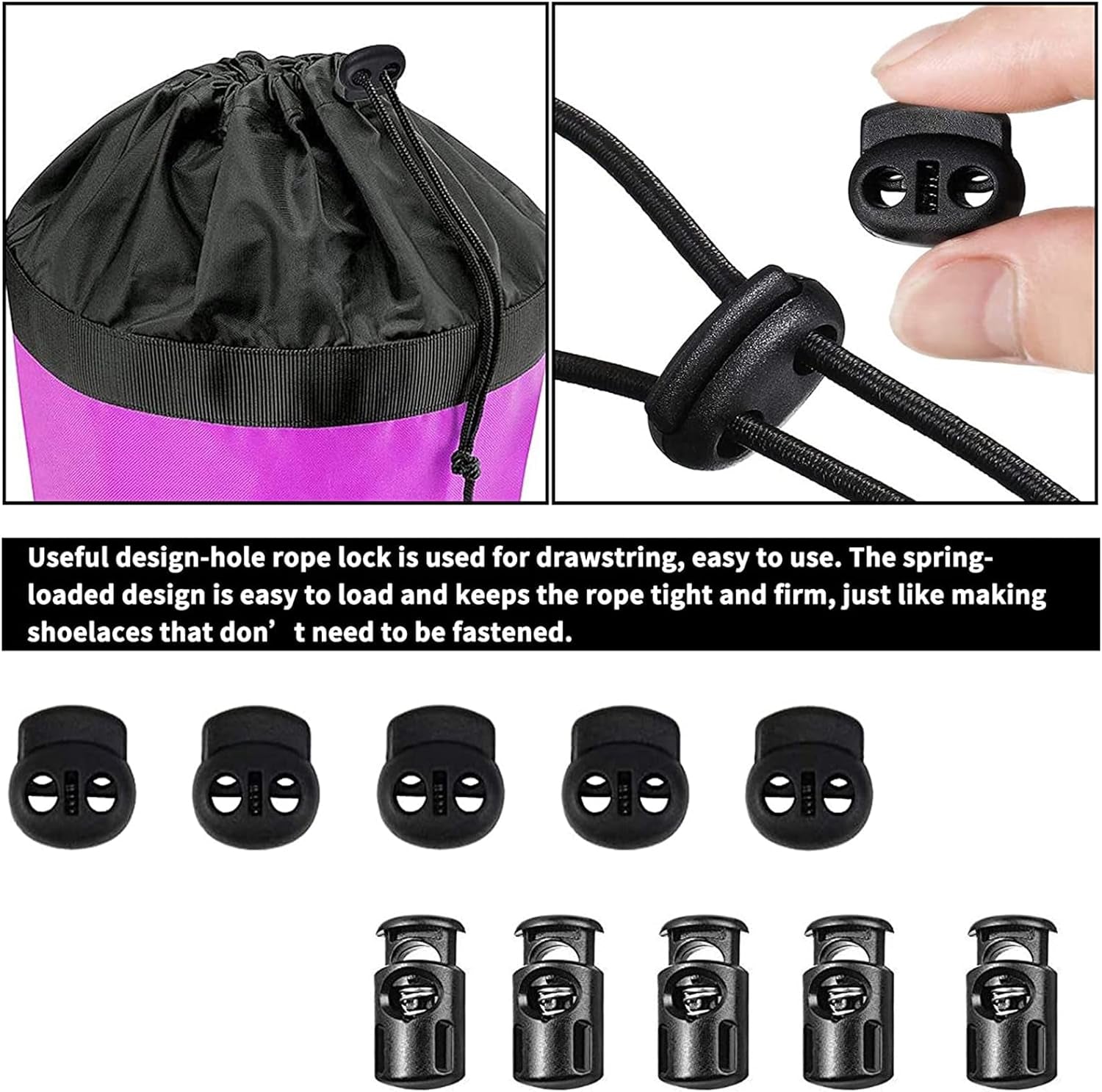 Versatile 1/8-Inch (3Mm) Elastic Cord - 10 Yards with 10 Pack Plastic Spring Cord Locks - Stretch Cord, Elastic Rope, and Drawstring Cord for Sewing, Crafting, and DIY Projects (Black)