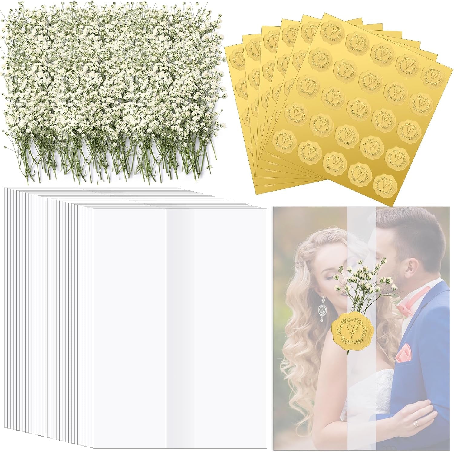 50 Pcs Wedding Invitations Wraps Set Include Pre Folded Vellum Jackets for 5X7 Invitations Natural Dried Pressed Flowers Gold Self Adhesive Envelope Seal Stickers for Craft DIY