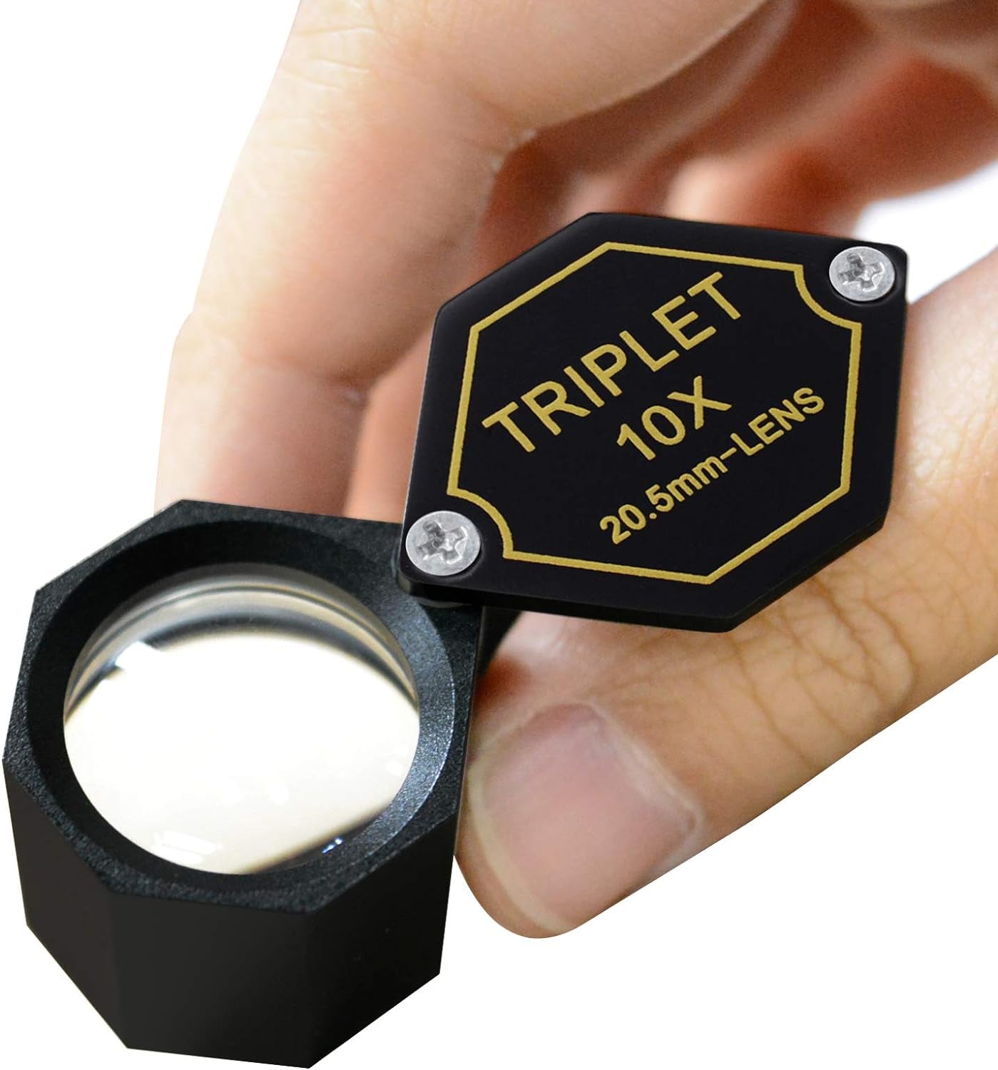 10X Magnifier Jewelry Loupe 20.5Mm Triplet Lens Optical Glass Pocket Gem Magnifying Tool for Jeweler, Stamp Philatelist, Coin Numismatic, Achromatic Black Hexagonal Design Kit Set