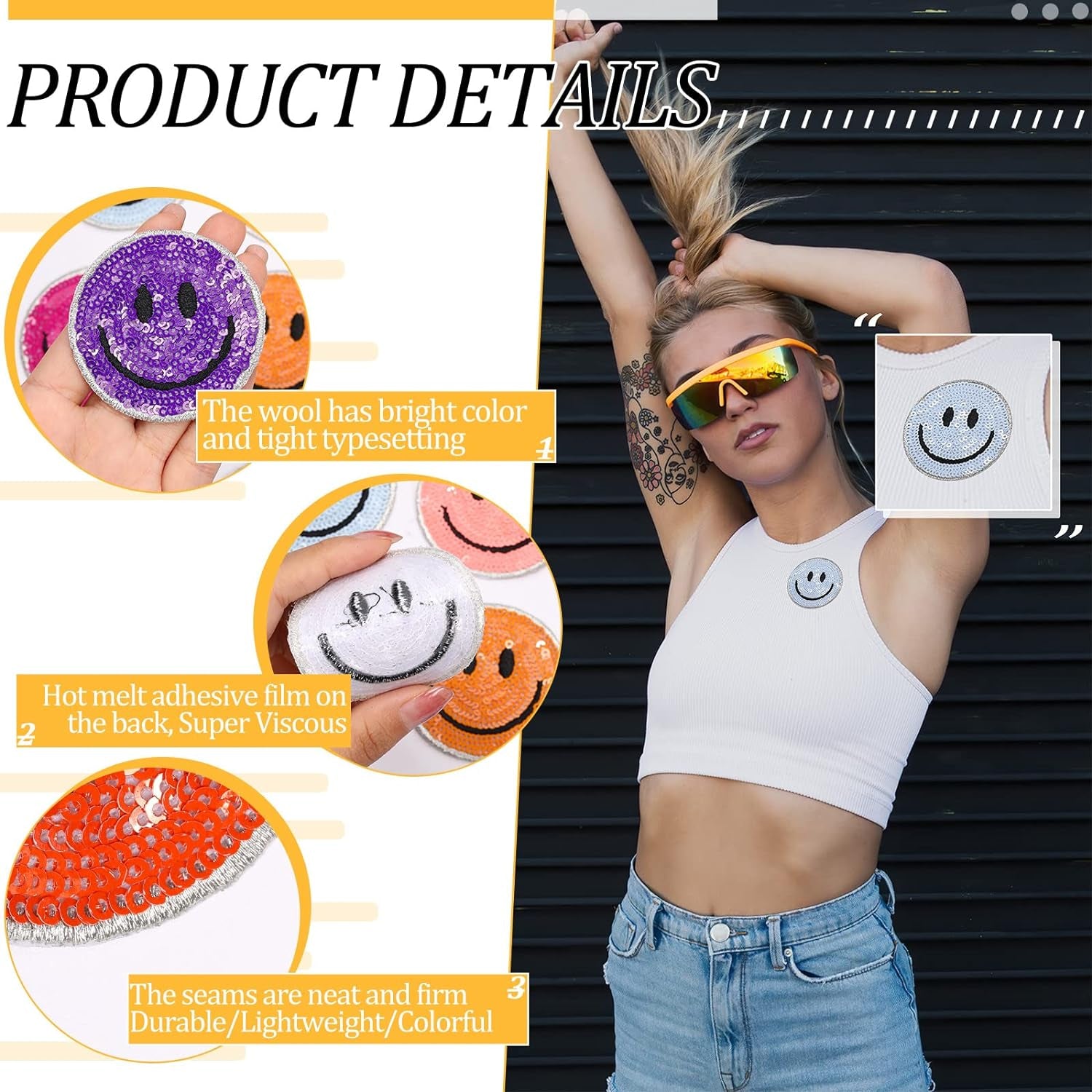 24 Pcs Smile Face Patch Iron on Patches 2 Inch Chenille Cute Preppy Happy Face Patches Glitter Heat Sequins Applique for Backpacks Hats Clothes Jackets Decorative DIY Craft(Sequin Style)