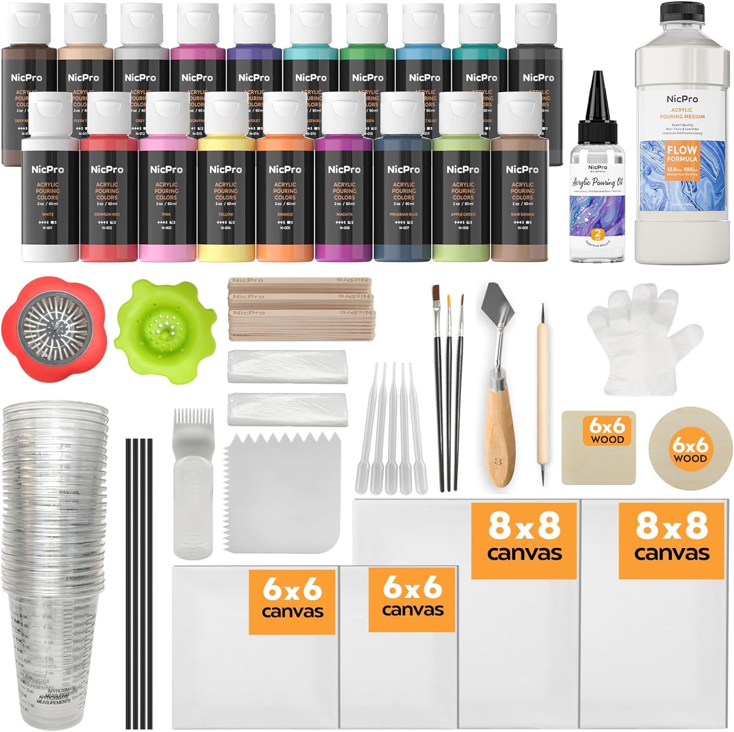 Acrylic Pouring Kit, Artist Starter Supplies Including 19 Colors Acrylic Paints,Pouring Medium, Silicone Oil, Canvases, Gloves, Strainers, Mixing Stick, Instructions for Flow DIY Painting