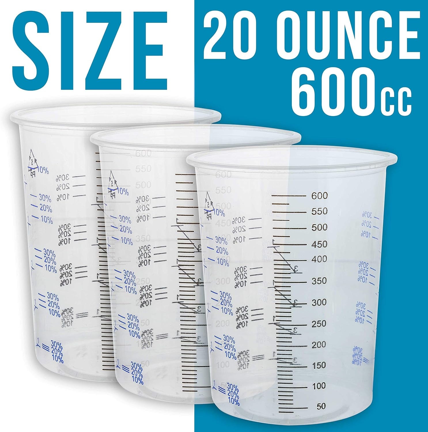 20 Ounce (600Ml) Disposable Flexible Clear Graduated Plastic Mixing Cups - Box of 50 Cups - Use for Paint, Resin, Epoxy, Art, Kitchen, Cooking, Baking - Measuring Ratios 2-1, 3-1, 4-1, ML