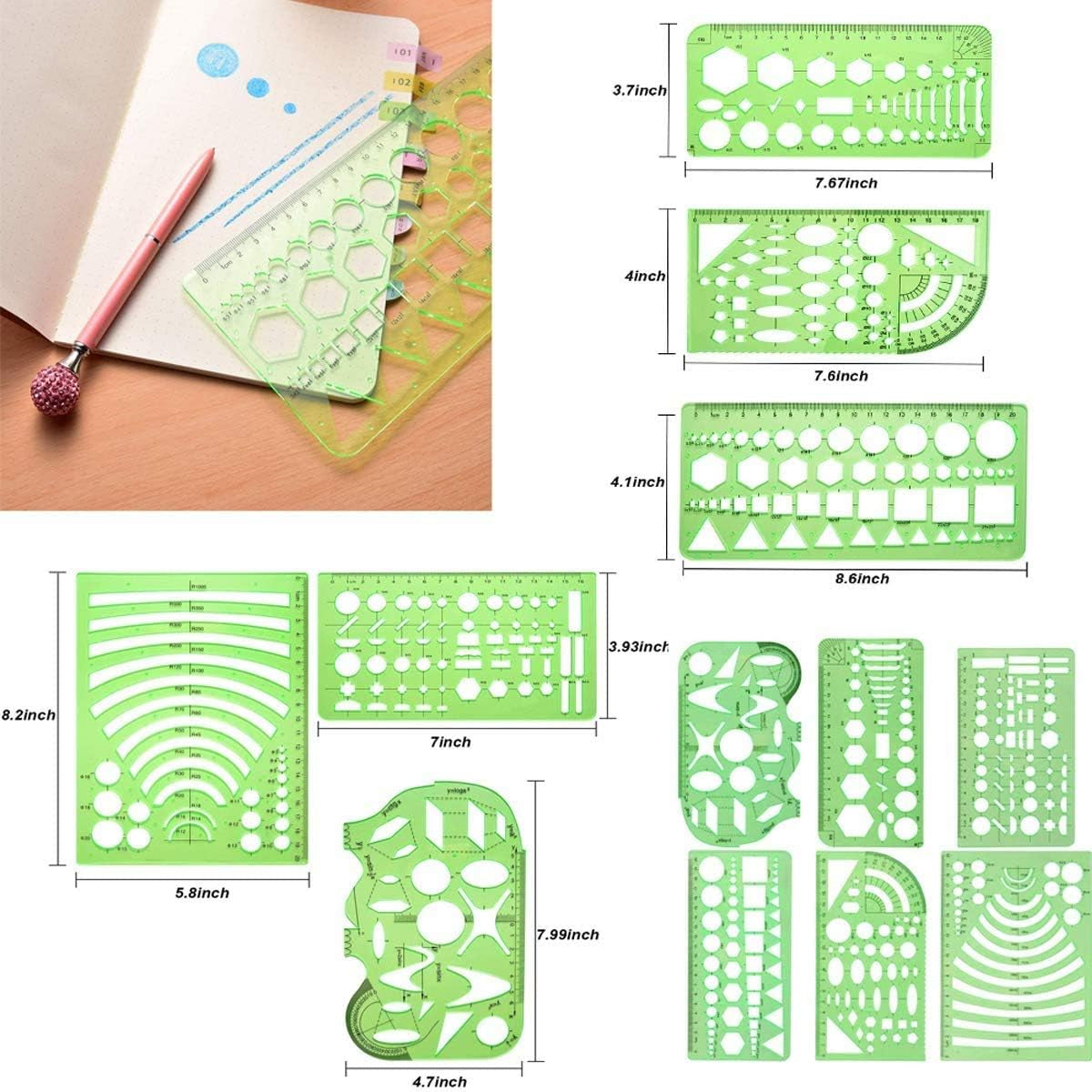 9 PCS Drawing Templates Plastic Rulers Multi-Function Measuring Rulers with French Curve Ruler,Geometric Drawings Templates Rulers Tool Set for Studying Designing and Building (Green)