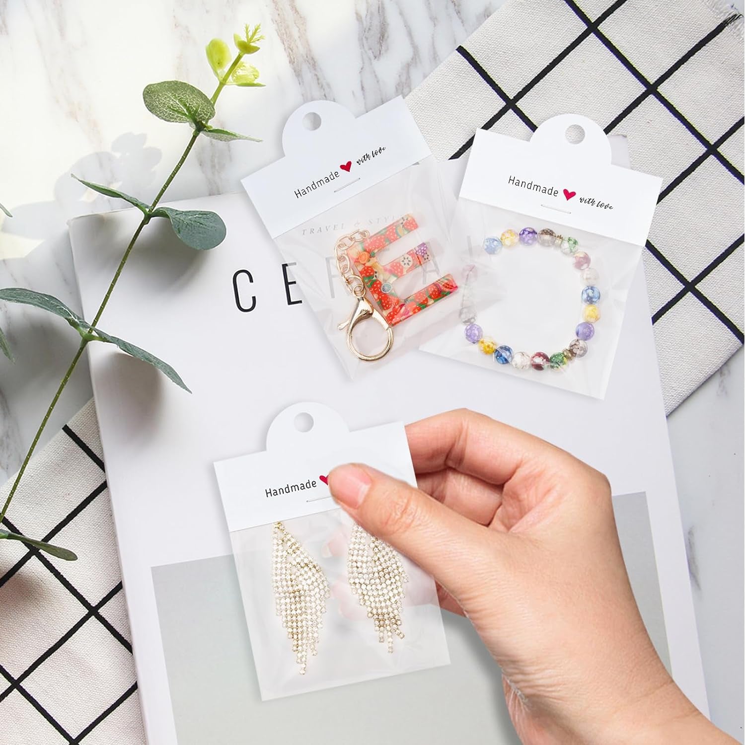 100Pcs Packaging for Small Business, Jewelry Package Supplies for Small Business, Jewelry Display Clear Bags for Selling, Small Craft Packaging Set for Bracelets, Key Chains, Earring(White)