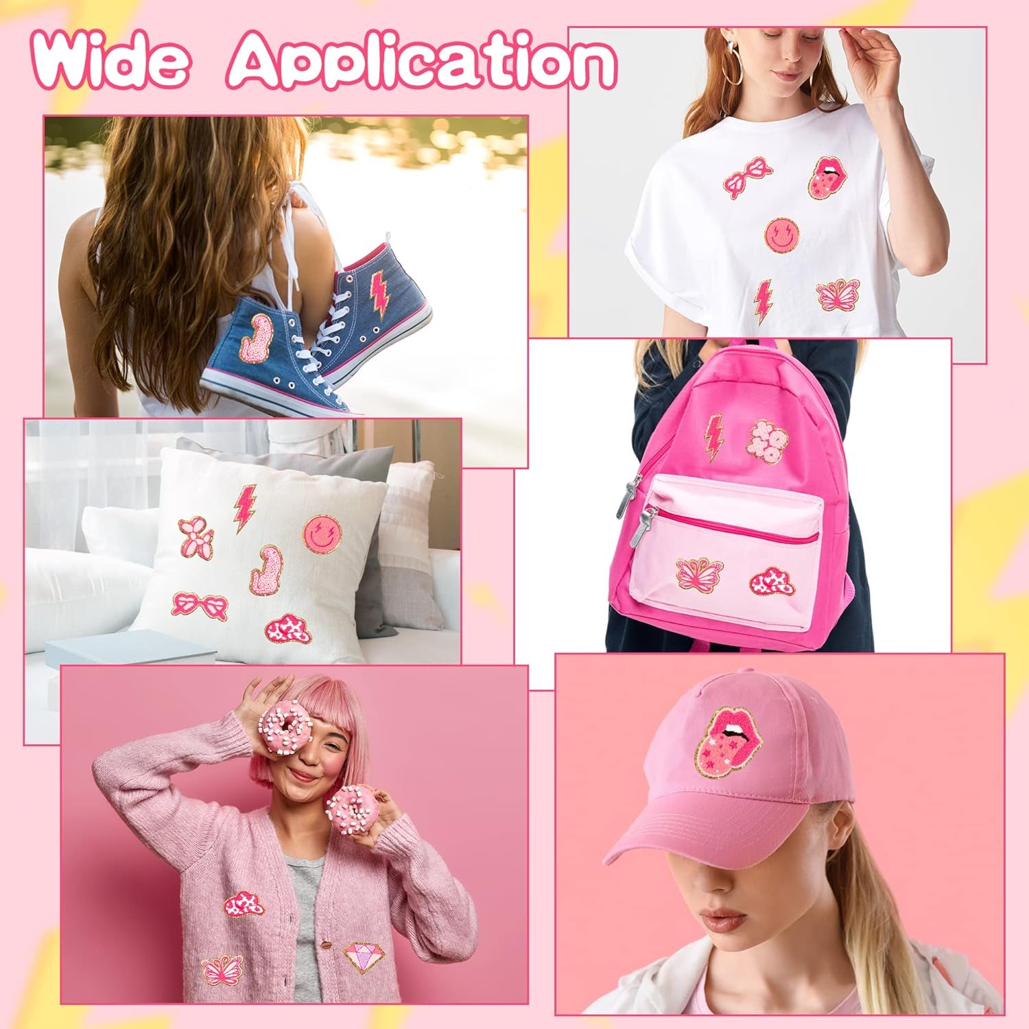 10Pcs Pink Preppy Iron on Patches for Girls Y2K Chenille Embroidered Repair Patch Hanging Lip Lightning Bolt Leopard Face DIY Accessories Sew on Applique for Backpack Clothes Hats Dress Jackets Jeans