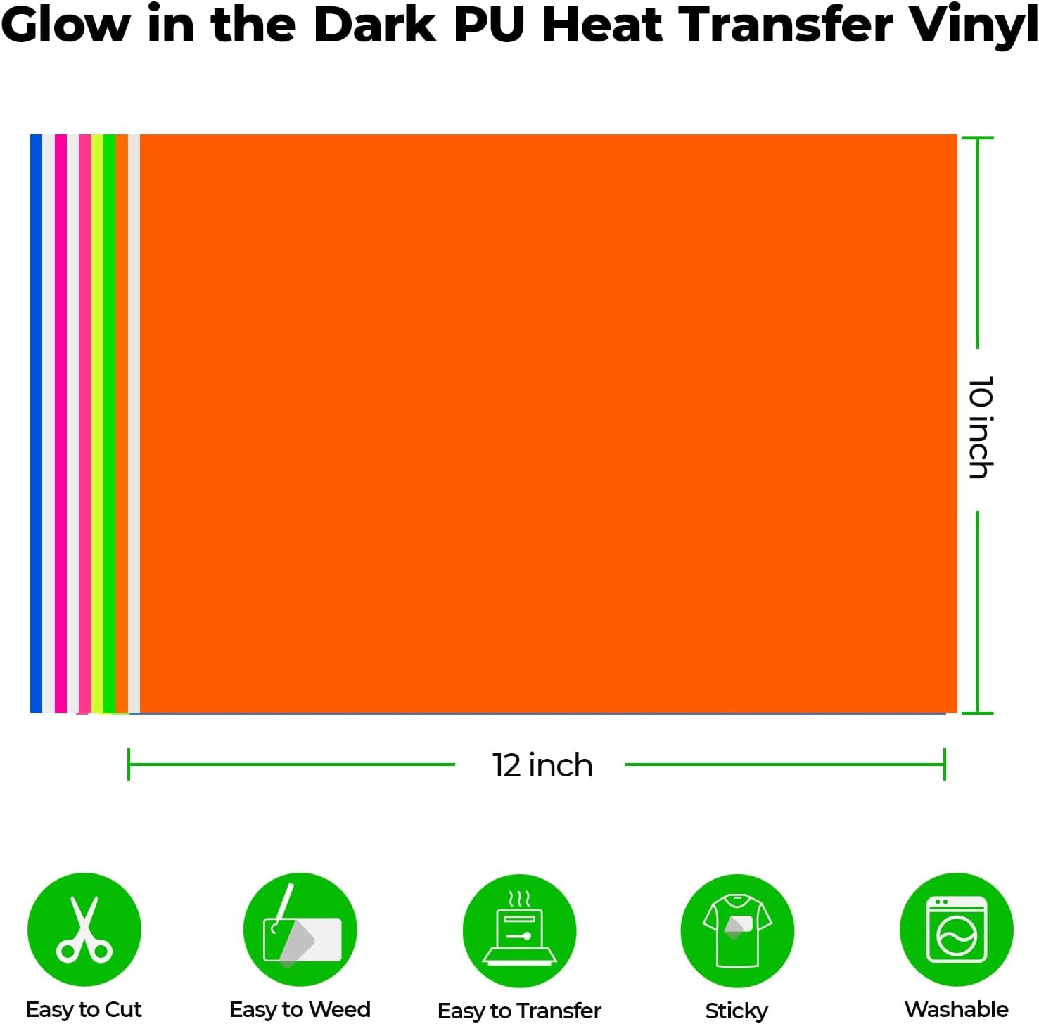 Glow in the Dark HTV Heat Transfer Vinyl, 20 Pack 12"X 10" Glow in the Dark HTV Vinyl Sheets, 10 Assorted Color Iron on Vinyl for T Shirts, Glow in the Dark Vinyl Starter Kit