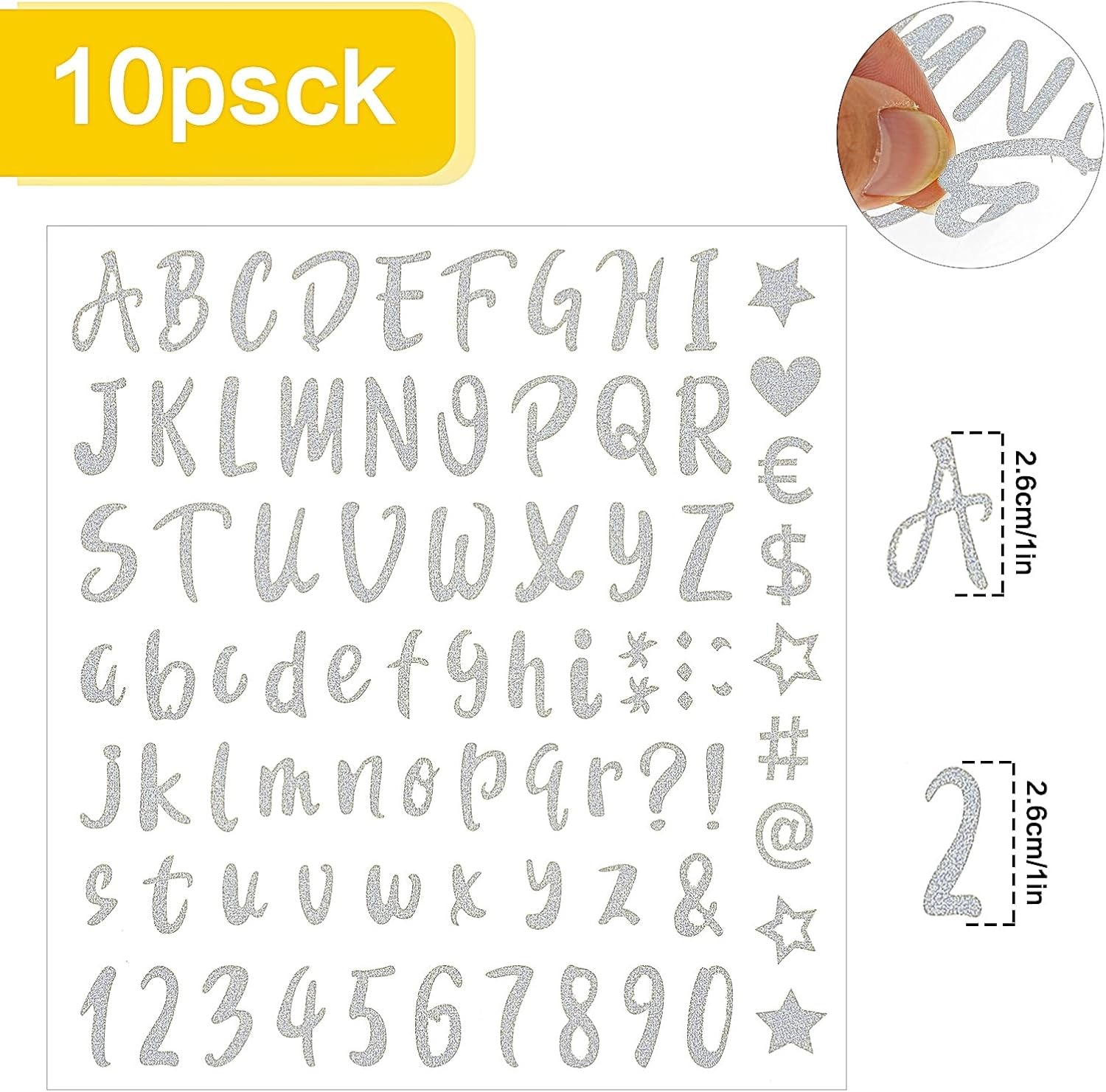 Glitter Alphabet Letter Stickers, 10 Sheets Self Adhesive Letter Number Stickers Waterproof Stickers for Grad Cap Decoration, DIY Crafts Art Making, Classroom Decor, Home(Silver)