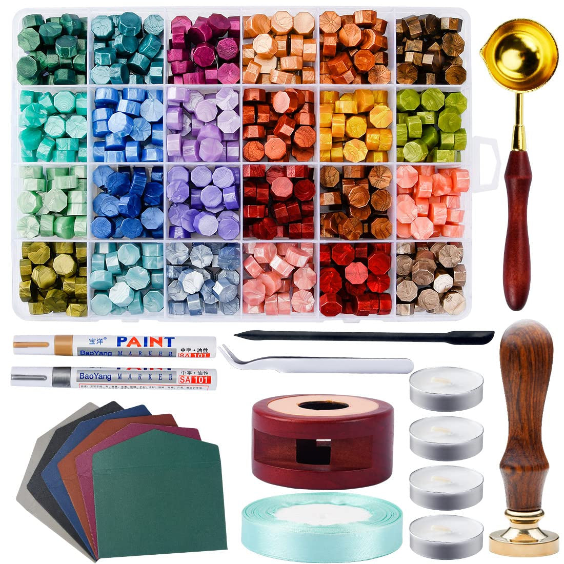 Wax Seal Kit - 24 Colors Sealing Wax Beads/Thank You Wax Stamp/Melting Tool - Making Wax Seals for Envelope Wedding Invitation and Gift Wrapping - Metallic Assorted Color