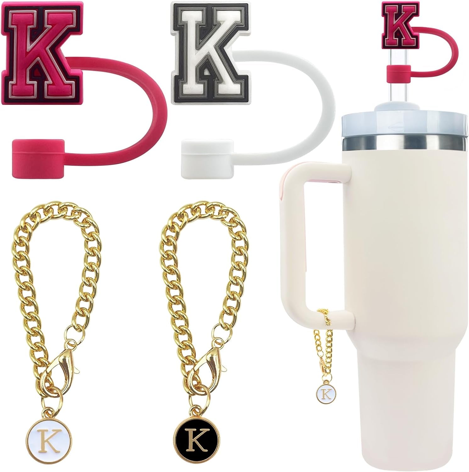 4 PCS Initial Letter Charm Accessories and Straw Cover Pack- Chains with Initial Letter for Stanley 20 30 40 Oz Tumbler with Handle