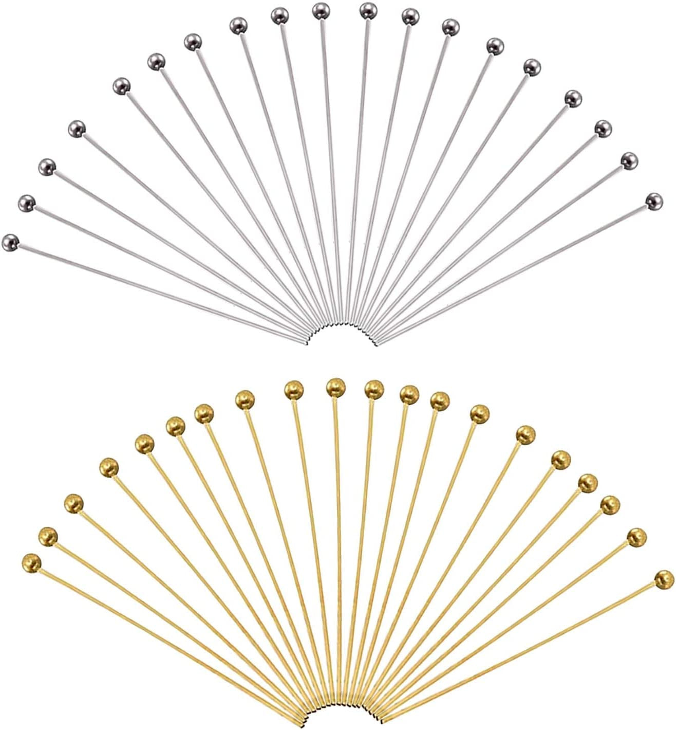 500Pcs Brass Ball Head Pins 2 Inch 50Mm Gold and Silver Headpins for DIY Charm Beads Crafts Jewelry Making