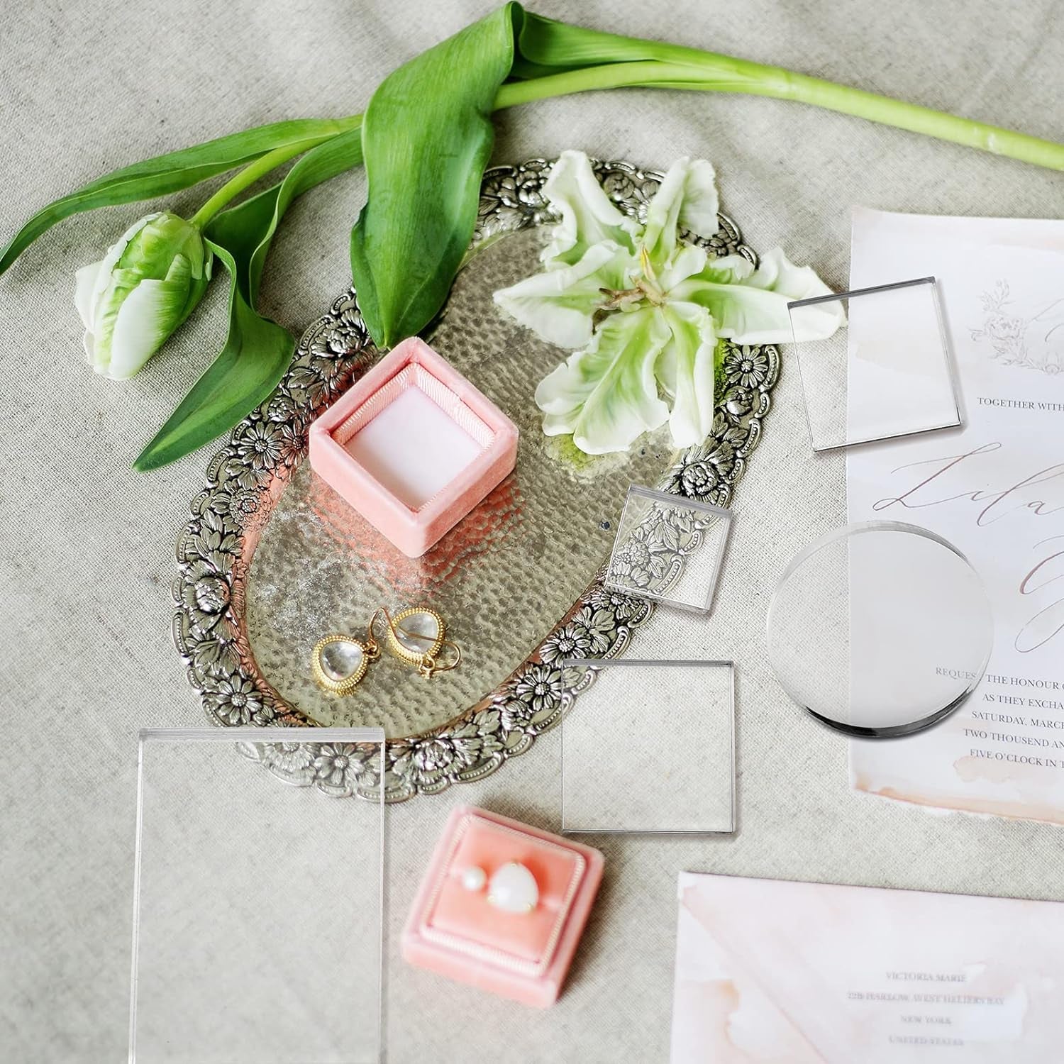 6 Pcs Acrylic Blocks Wedding Flat Lay Props Acrylic Styling Block Photography Clear Stamp Display Block Set Props Wedding for Scrapbooking Crafts(Square, Round)