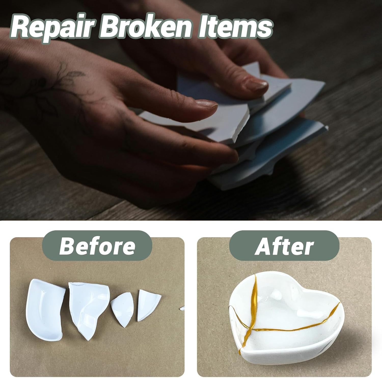 Bio Kintsugi Repair Kit Gold, Kintsugi Food Safety, Repair Your Meaningful Pottery with Bio Kintsugi Glue, Food Dishwasher Safety, Perfect for Beginners, Bring Japanese Art to Your Home