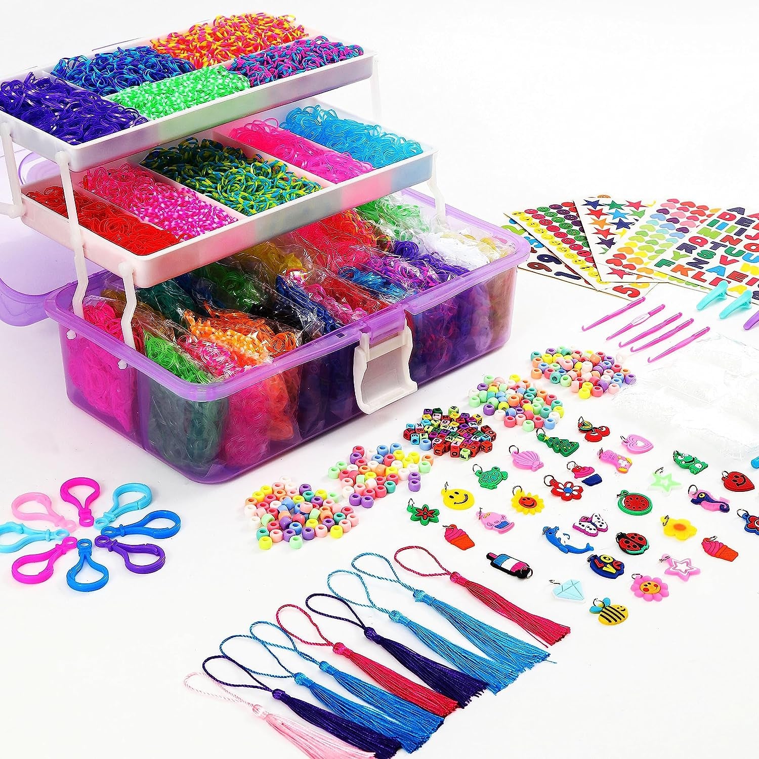 15000+ Rubber Loom Bands, Mega Rubber Bands Bracelet Kit,Loom Bracelet Making Kit with 3 Layer Container,30 Colors,380 Beads,30 Charms,Clips, Hooks Tools for DIY Art Craft