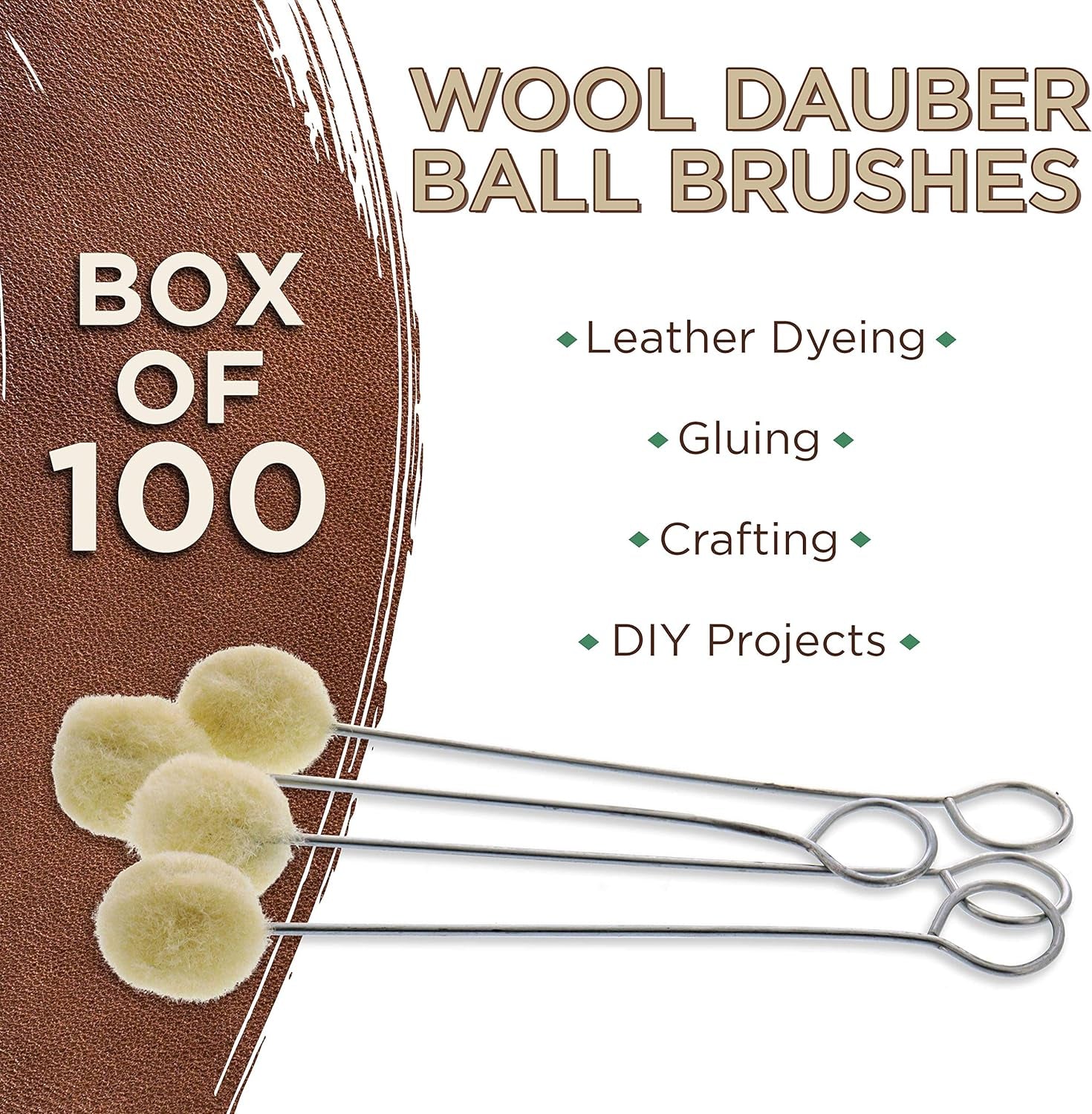 Wool Daubers Ball Brush (Pack of 100) - Applicator Tool for Leather Dye, Dying, Staining, Crafting, DIY Crafts Projects, Gluing, Contact Cement, Shoe Shine Polish - Daub, Swab, Wipe, Spread