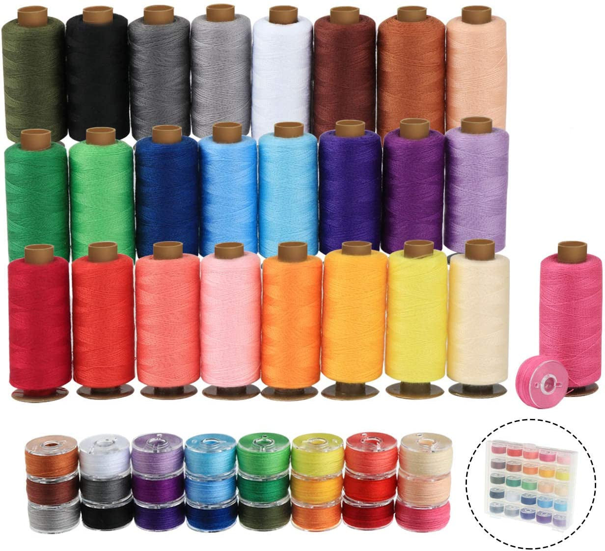 50Pcs Bobbins Sewing Thread Kit, 400 Yards per Polyester Thread Spools, Prewound Bobbin with Case for Brother Singer Janome Machine, 25 Colors